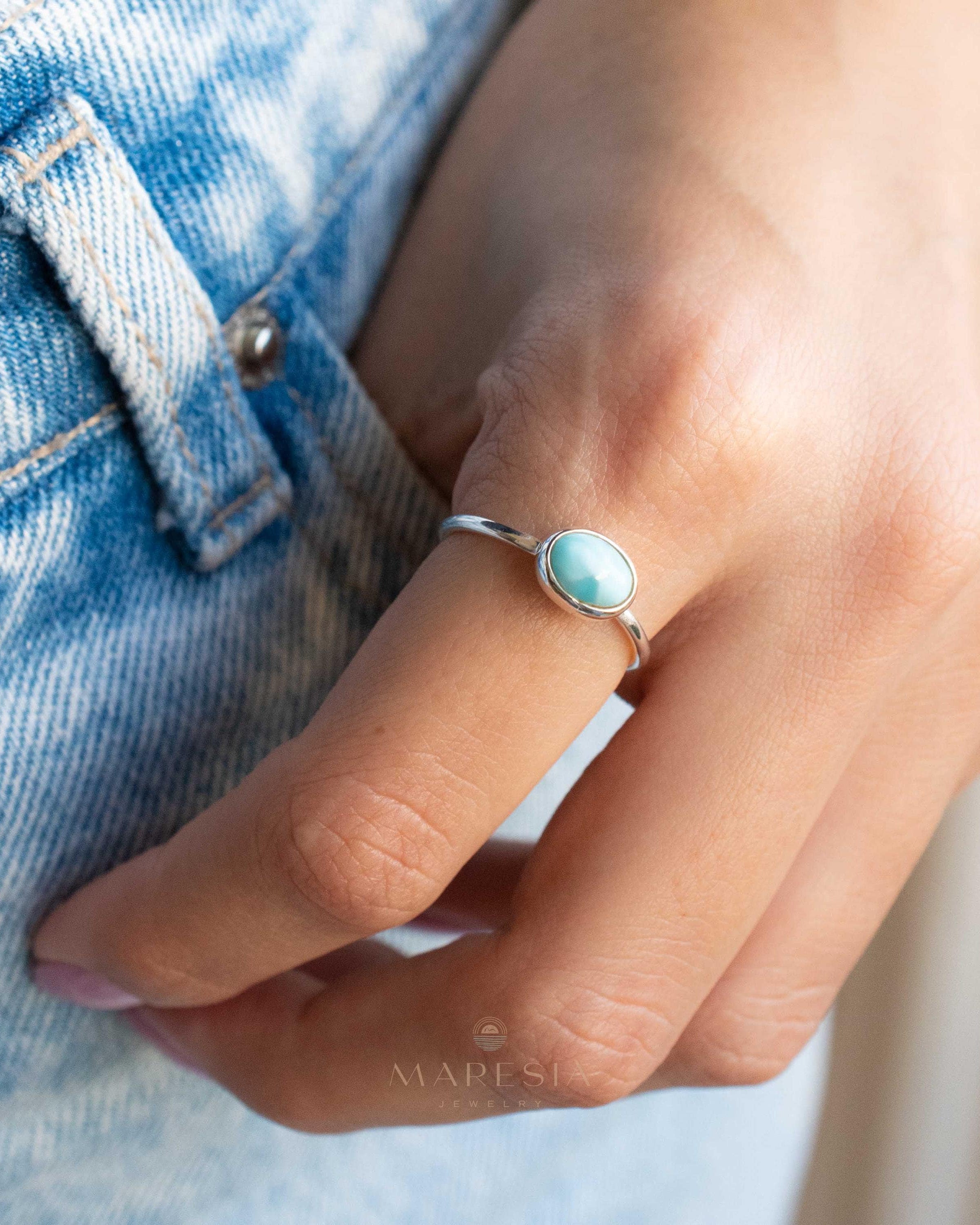 Larimar Ring ~ Statement ~ Gemstone ~ Semi Precious Stone ~ Blue ~ White ~ Natural ~ Organic ~ Sterling Silver 925~Tear Drop~Thin Band~MR350