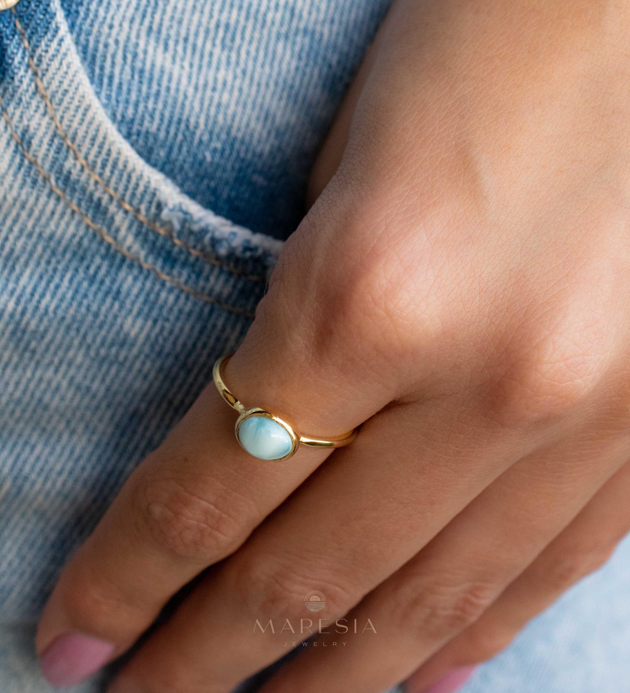 Larimar Ring ~ Statement ~Gold Plated over Sterling Silver 925 ~ Gemstone ~ Semi Precious Stone ~ Blue ~ Natural ~ Organic ~Thin Band~MR349