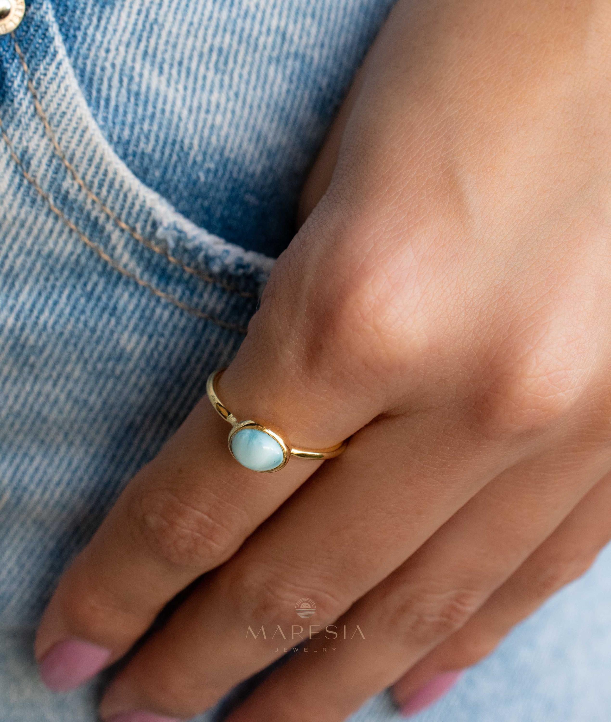 Larimar Ring ~ Statement ~Gold Plated over Sterling Silver 925 ~ Gemstone ~ Semi Precious Stone ~ Blue ~ Natural ~ Organic ~Thin Band~MR349