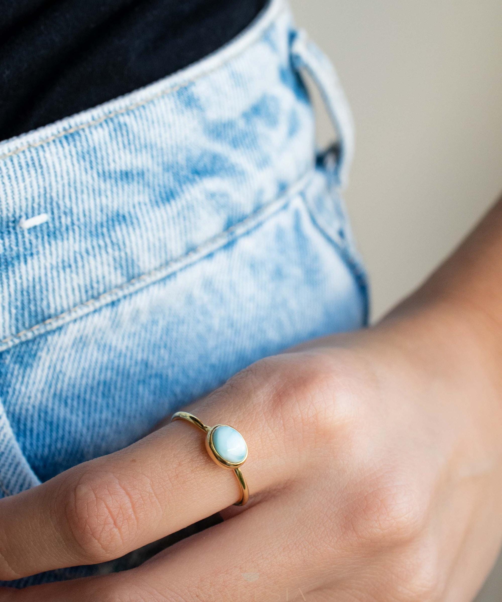Larimar Ring ~ Statement ~Gold Plated over Sterling Silver 925 ~ Gemstone ~ Semi Precious Stone ~ Blue ~ Natural ~ Organic ~Thin Band~MR349