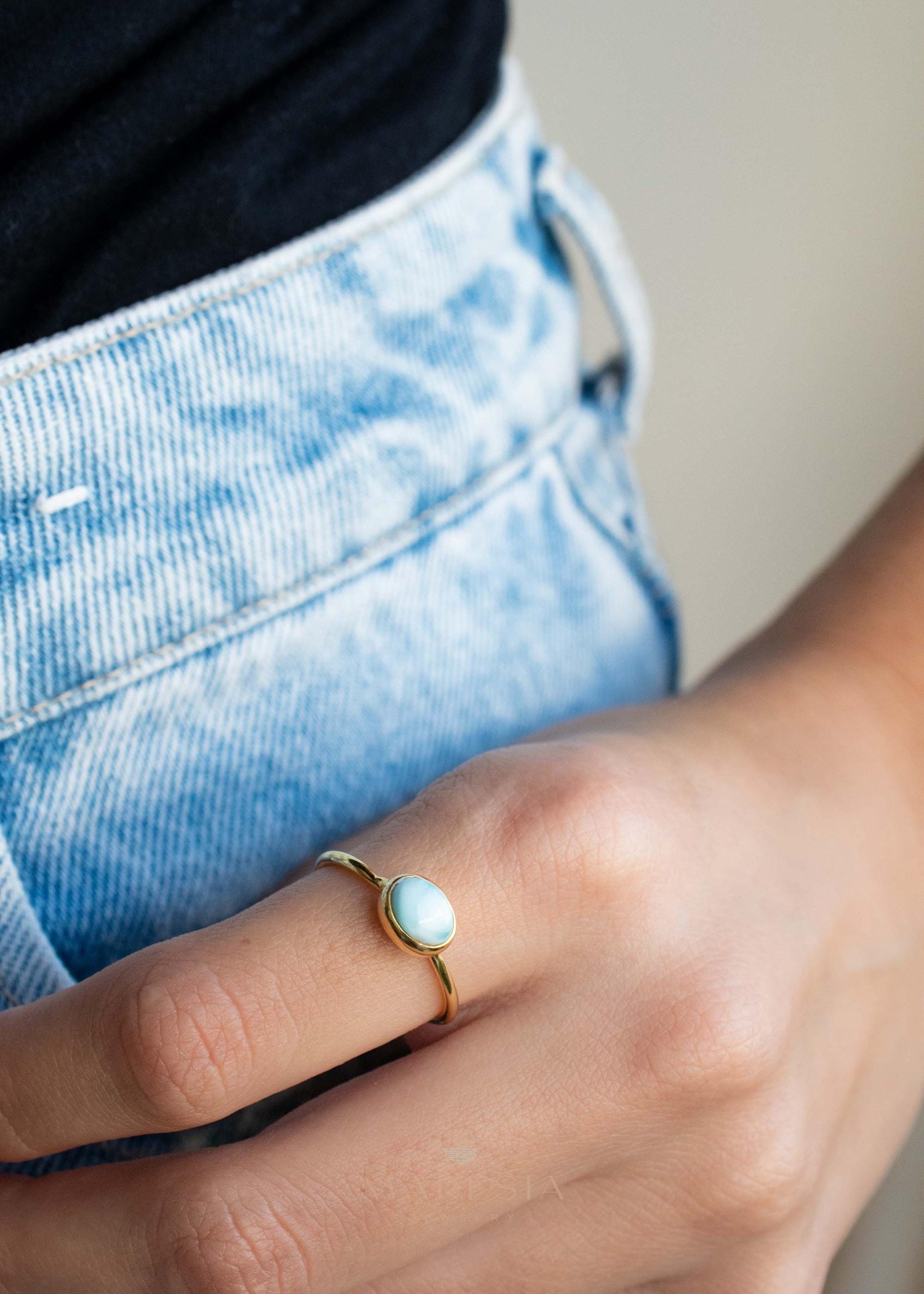 Larimar Ring ~ Statement ~Gold Plated over Sterling Silver 925 ~ Gemstone ~ Semi Precious Stone ~ Blue ~ Natural ~ Organic ~Thin Band~MR349