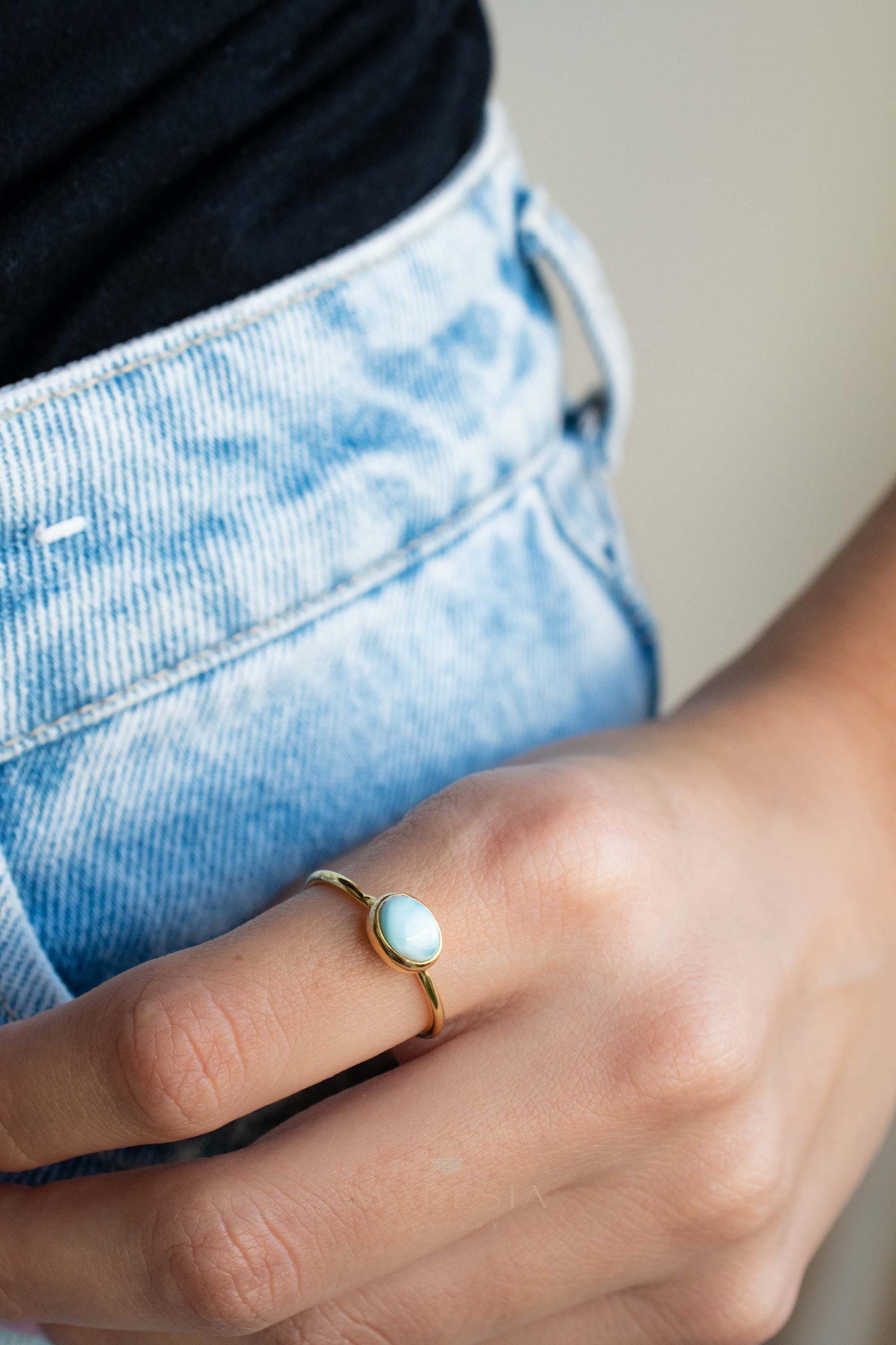 Larimar Ring ~ Statement ~Gold Plated over Sterling Silver 925 ~ Gemstone ~ Semi Precious Stone ~ Blue ~ Natural ~ Organic ~Thin Band~MR349