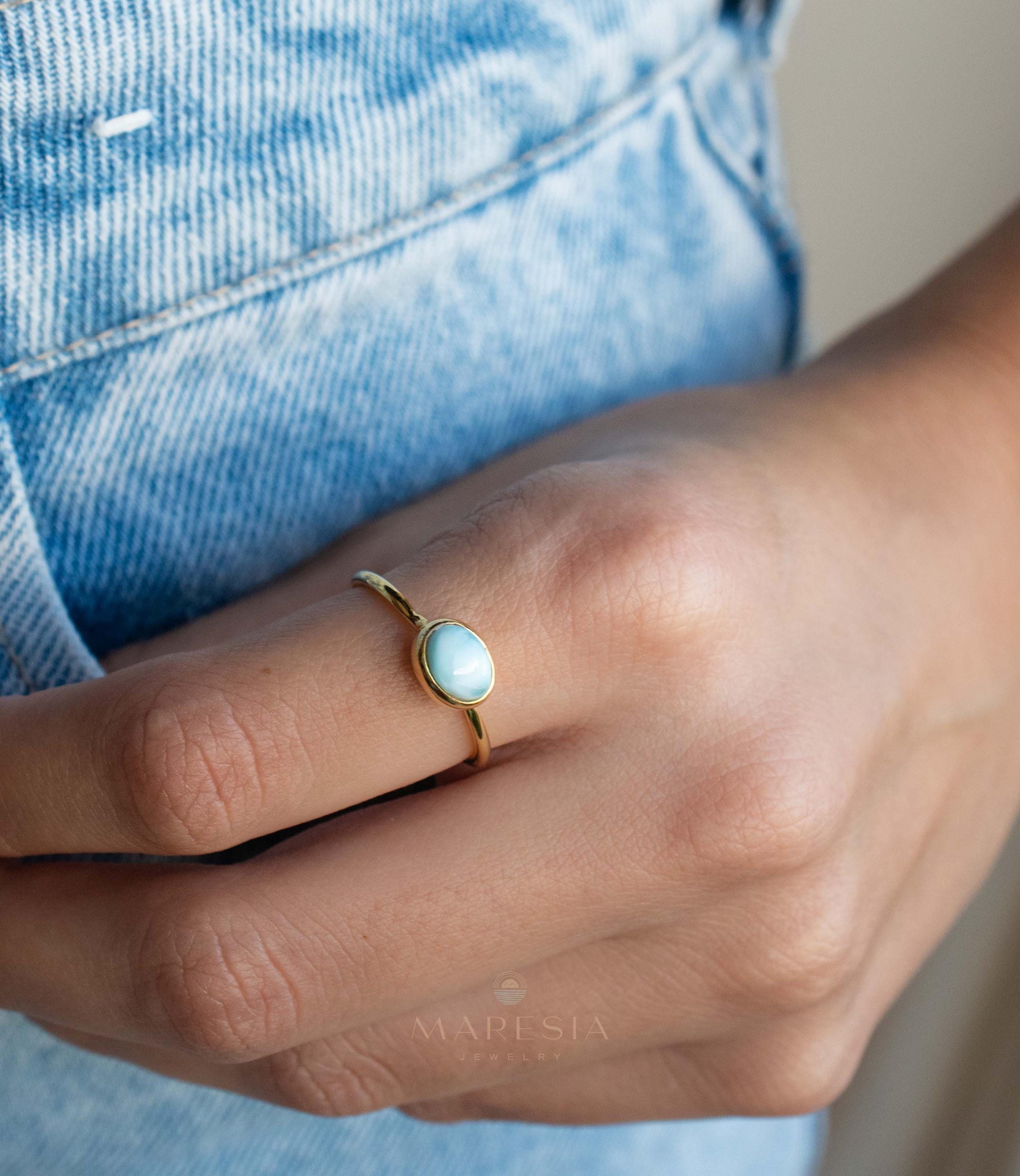 Larimar Ring ~ Statement ~Gold Plated over Sterling Silver 925 ~ Gemstone ~ Semi Precious Stone ~ Blue ~ Natural ~ Organic ~Thin Band~MR349