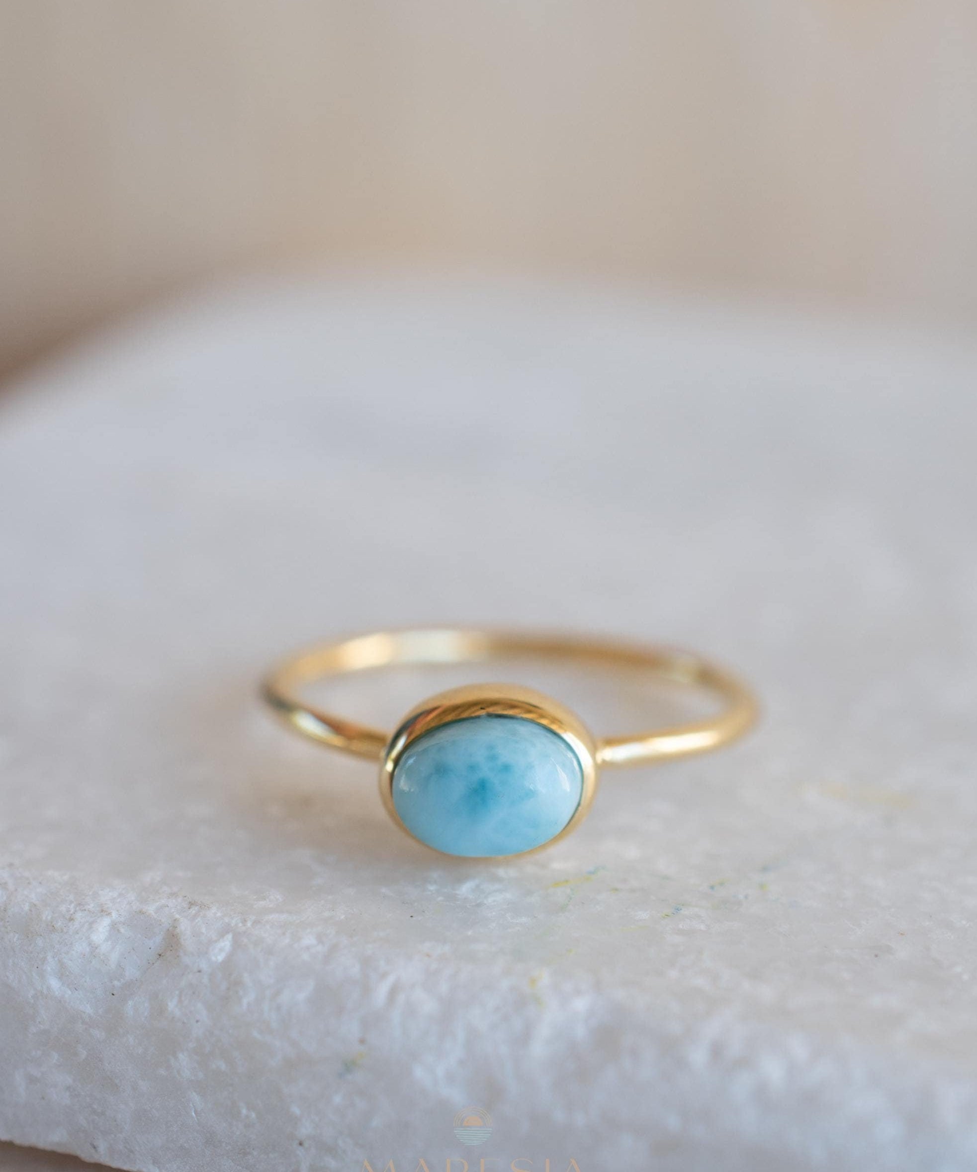 Larimar Ring ~ Statement ~Gold Plated over Sterling Silver 925 ~ Gemstone ~ Semi Precious Stone ~ Blue ~ Natural ~ Organic ~Thin Band~MR349