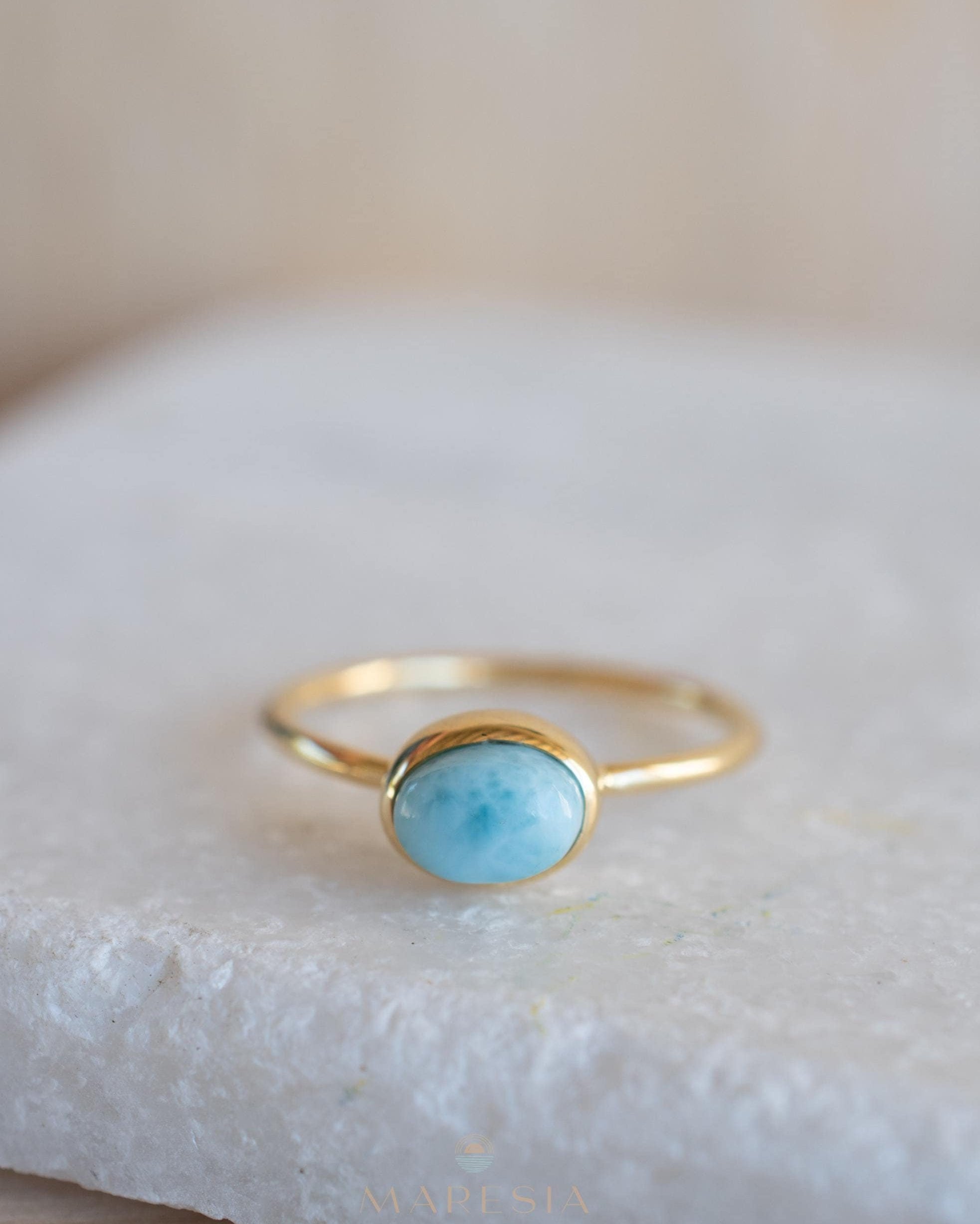Larimar Ring ~ Statement ~Gold Plated over Sterling Silver 925 ~ Gemstone ~ Semi Precious Stone ~ Blue ~ Natural ~ Organic ~Thin Band~MR349