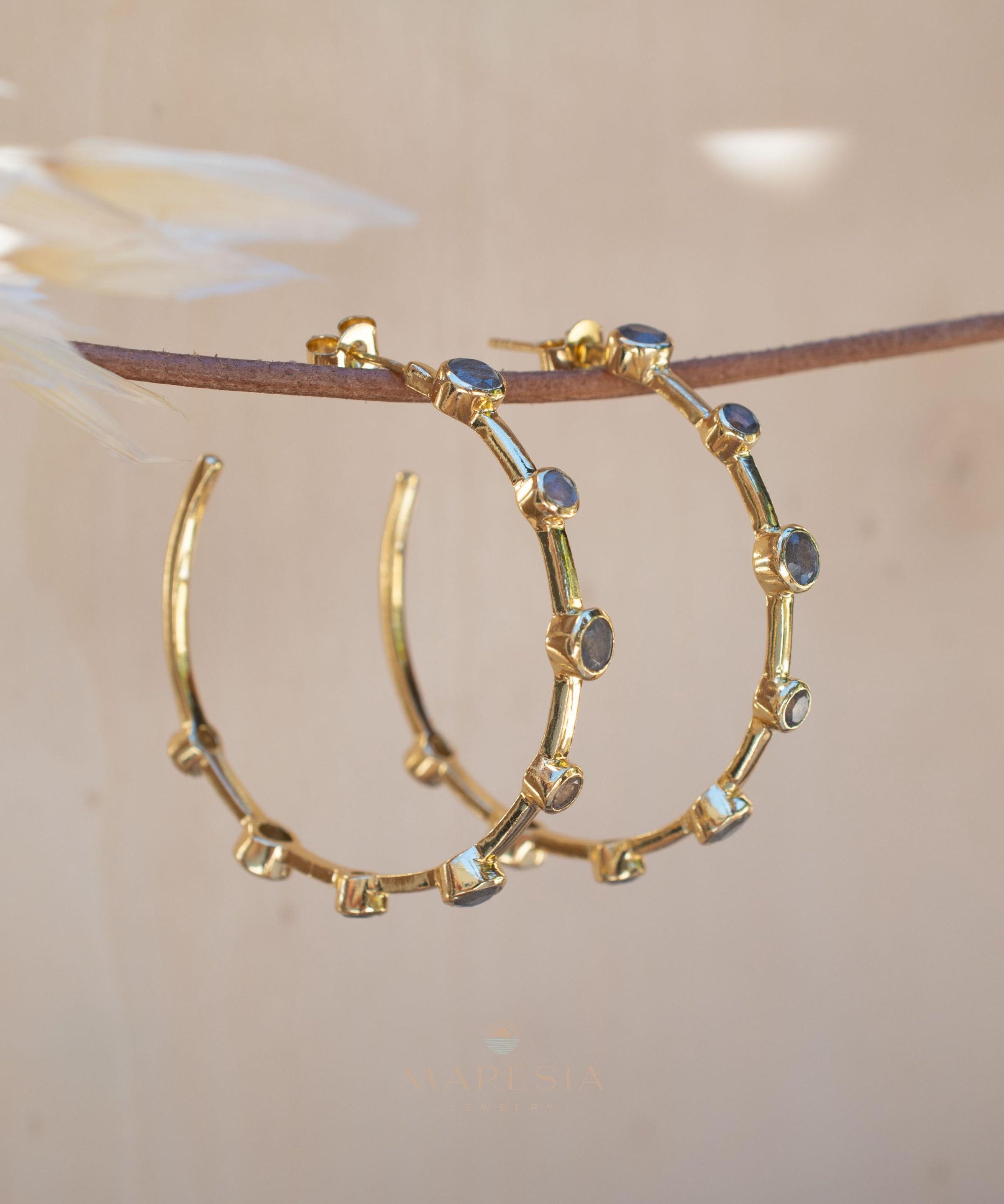 Labradorite Hoop Earrings 18k Gold Plated Earrings ~ Gemstone ~ Post ~Boho design ~ Handmade ~ Jewelry ~ Gift for her ~ ME218