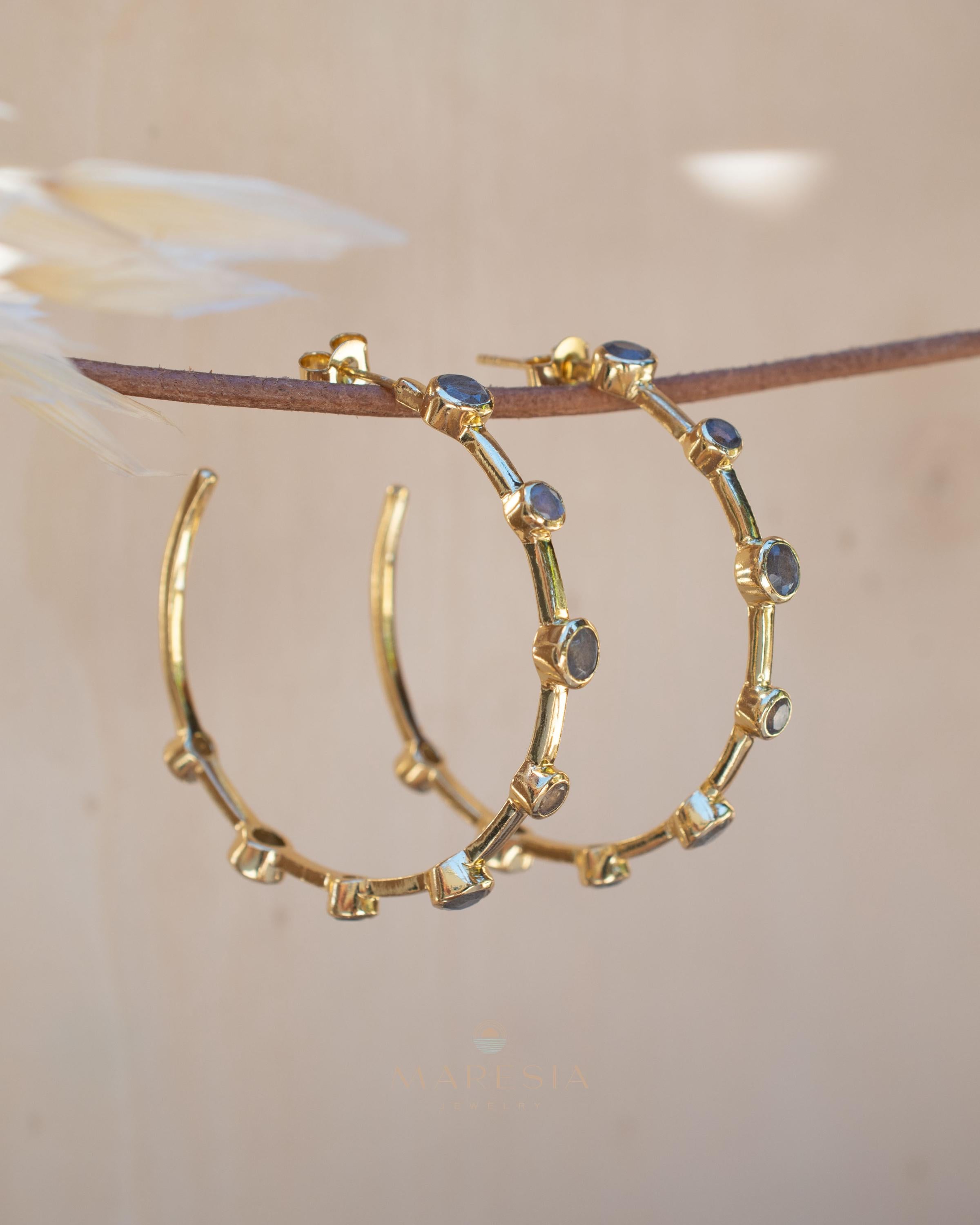 Labradorite Hoop Earrings 18k Gold Plated Earrings ~ Gemstone ~ Post ~Boho design ~ Handmade ~ Jewelry ~ Gift for her ~ ME218