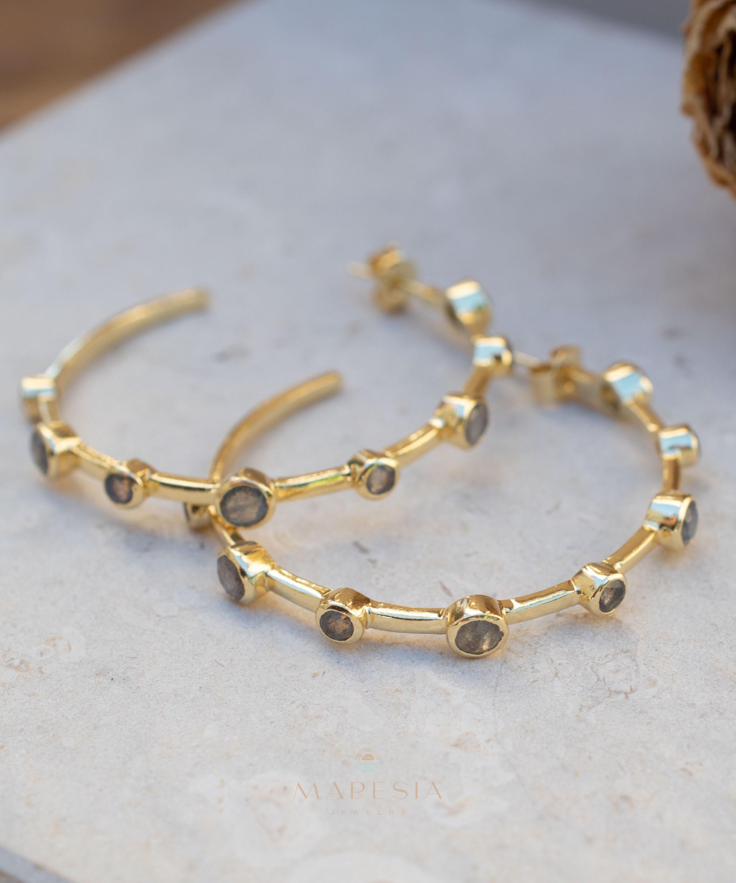 Labradorite Hoop Earrings 18k Gold Plated Earrings ~ Gemstone ~ Post ~Boho design ~ Handmade ~ Jewelry ~ Gift for her ~ ME218