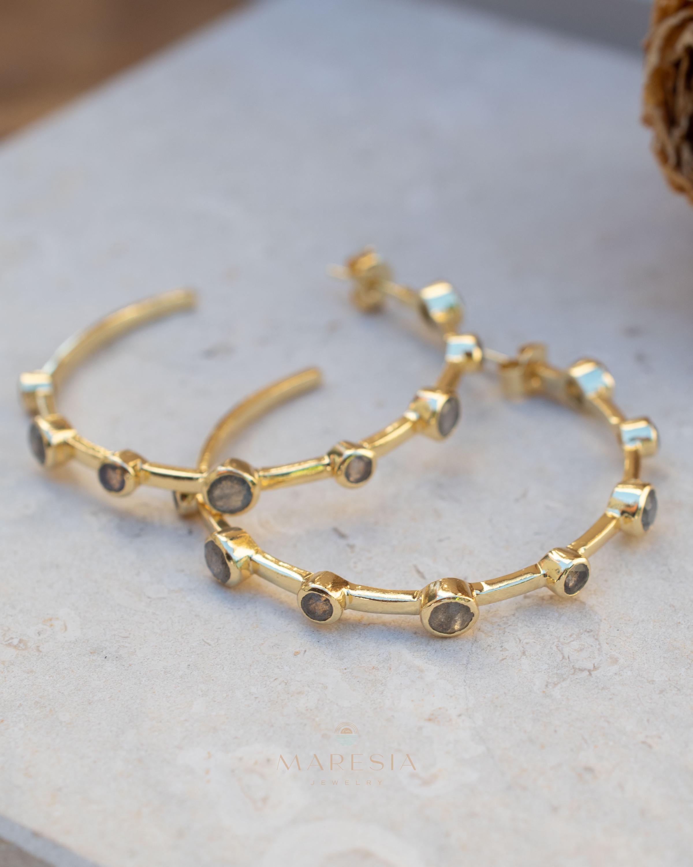 Labradorite Hoop Earrings 18k Gold Plated Earrings ~ Gemstone ~ Post ~Boho design ~ Handmade ~ Jewelry ~ Gift for her ~ ME218