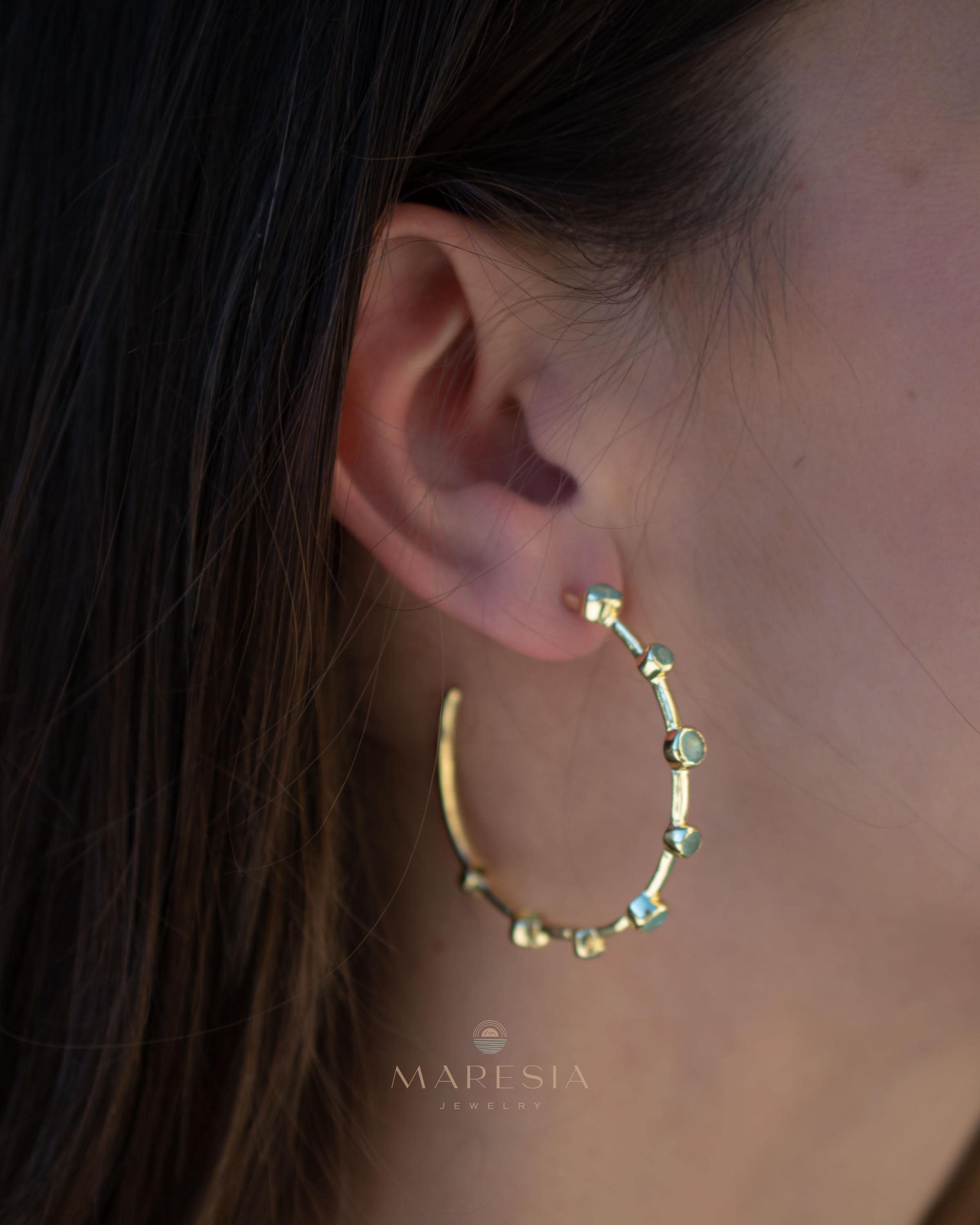 Aqua Chalcedony Hoop Earrings 18k Gold Plated Earrings ~ Gemstone ~ Post ~Boho design ~ Handmade ~ Jewelry ~ Gift for her ~ ME217