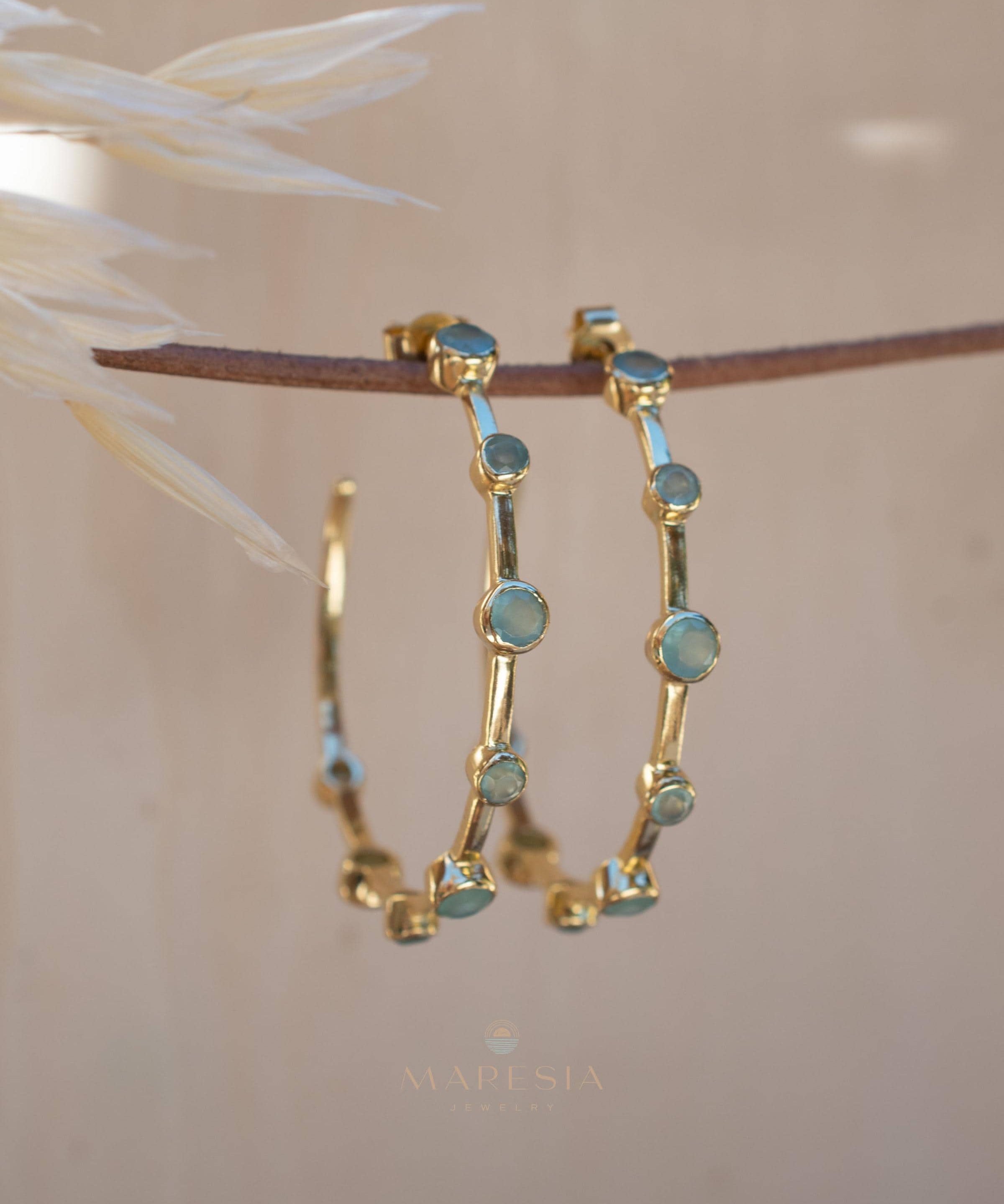 Aqua Chalcedony Hoop Earrings 18k Gold Plated Earrings ~ Gemstone ~ Post ~Boho design ~ Handmade ~ Jewelry ~ Gift for her ~ ME217