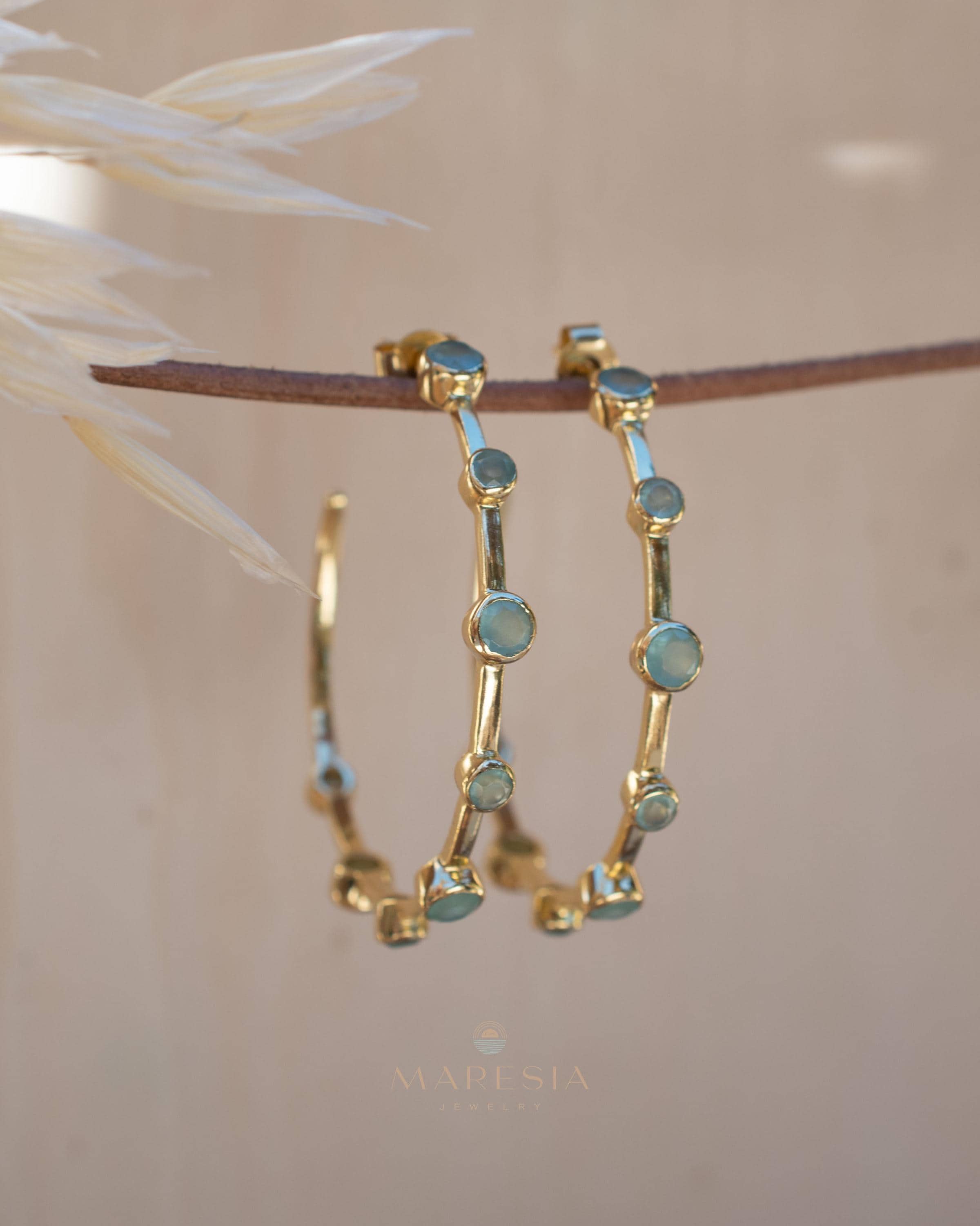Aqua Chalcedony Hoop Earrings 18k Gold Plated Earrings ~ Gemstone ~ Post ~Boho design ~ Handmade ~ Jewelry ~ Gift for her ~ ME217