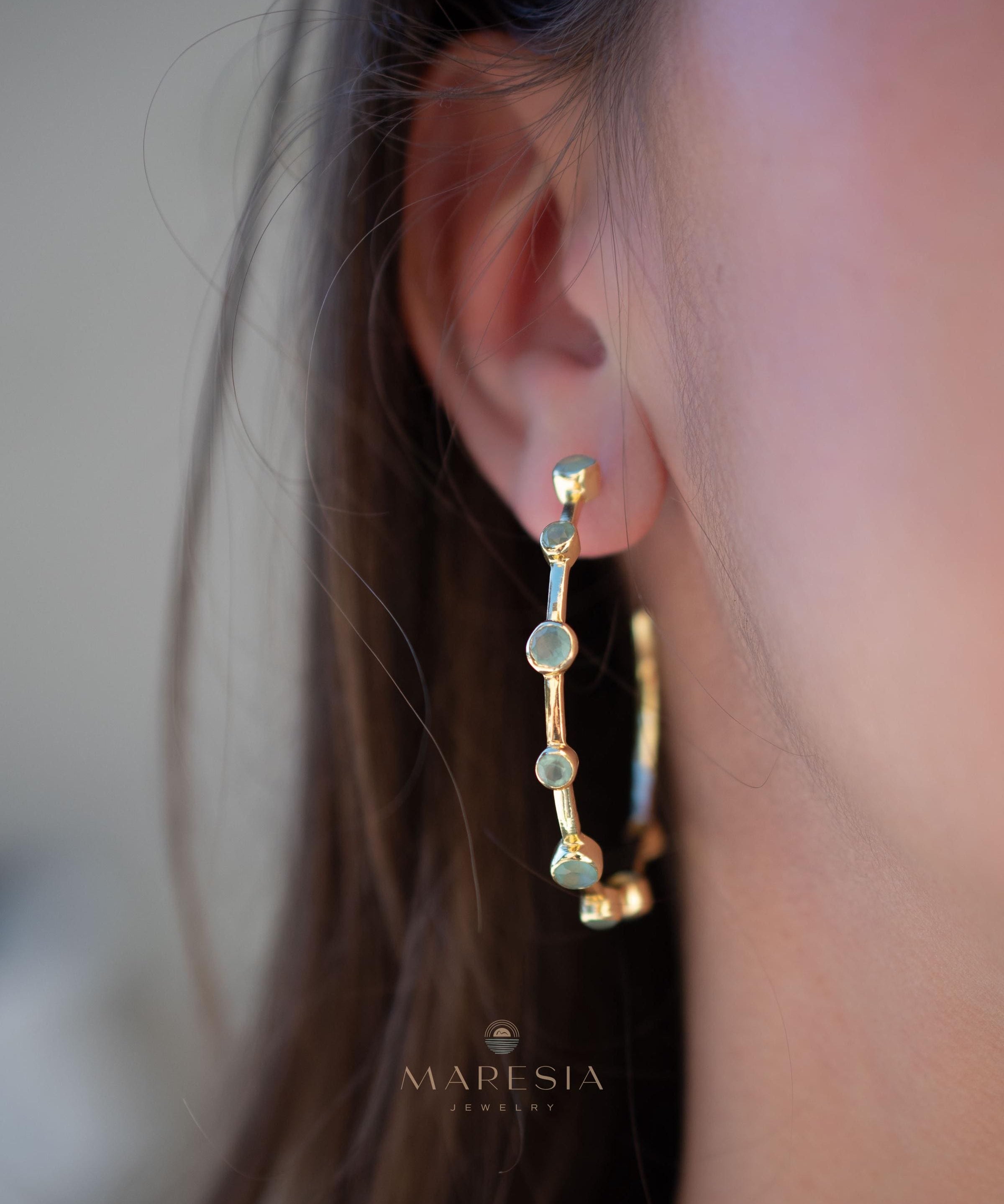 Aqua Chalcedony Hoop Earrings 18k Gold Plated Earrings ~ Gemstone ~ Post ~Boho design ~ Handmade ~ Jewelry ~ Gift for her ~ ME217