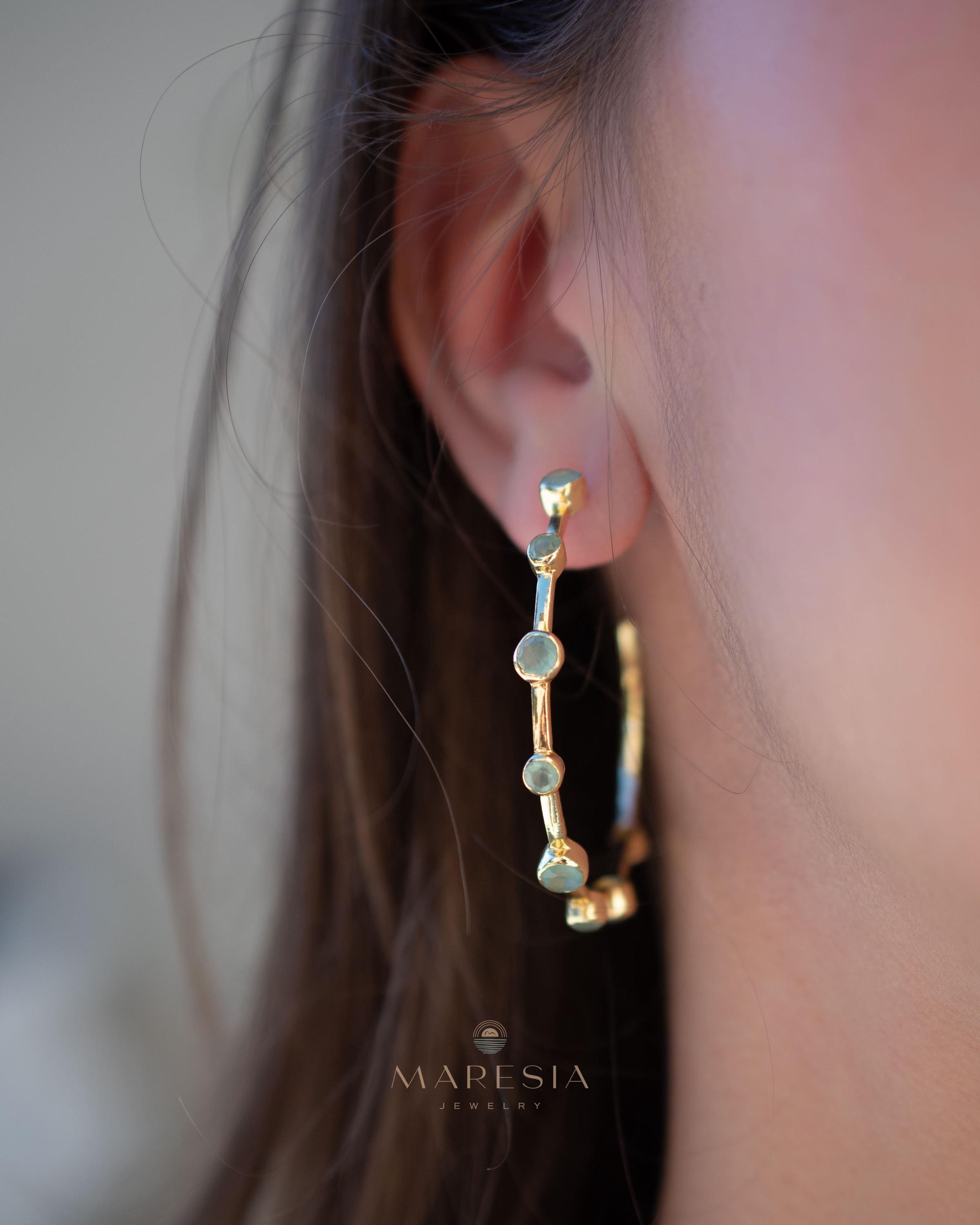 Aqua Chalcedony Hoop Earrings 18k Gold Plated Earrings ~ Gemstone ~ Post ~Boho design ~ Handmade ~ Jewelry ~ Gift for her ~ ME217