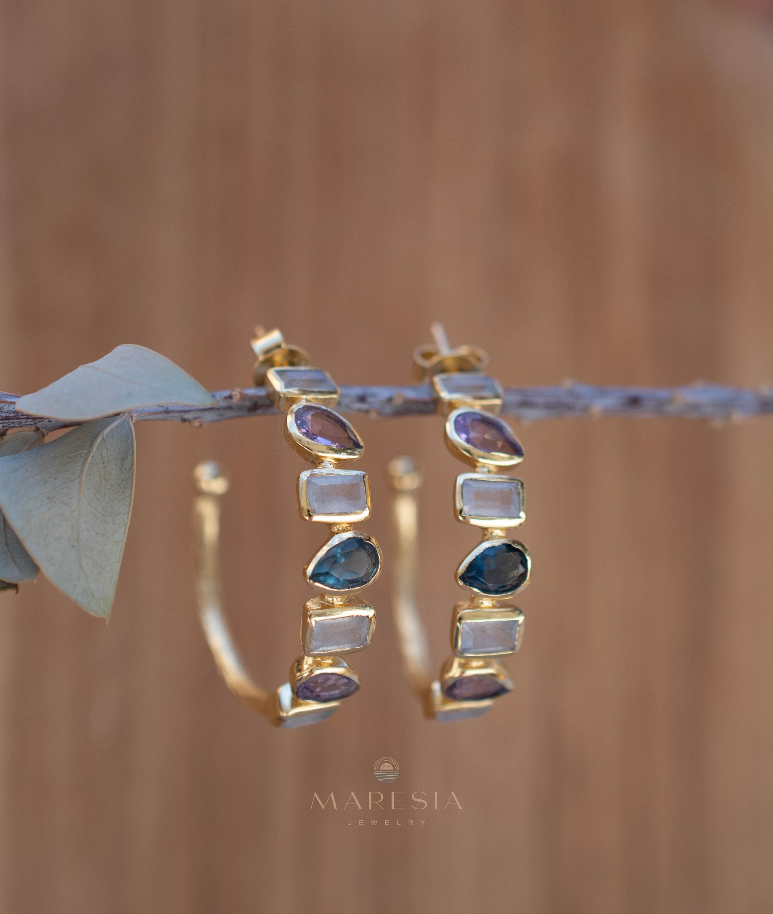 Moonstone, Amethyst and Iolite hydro~ Hoop Earrings 18k Gold Plated Earrings ~ Gemstone ~ Post ~Boho design ~ Handmade ~ Jewelry ME008