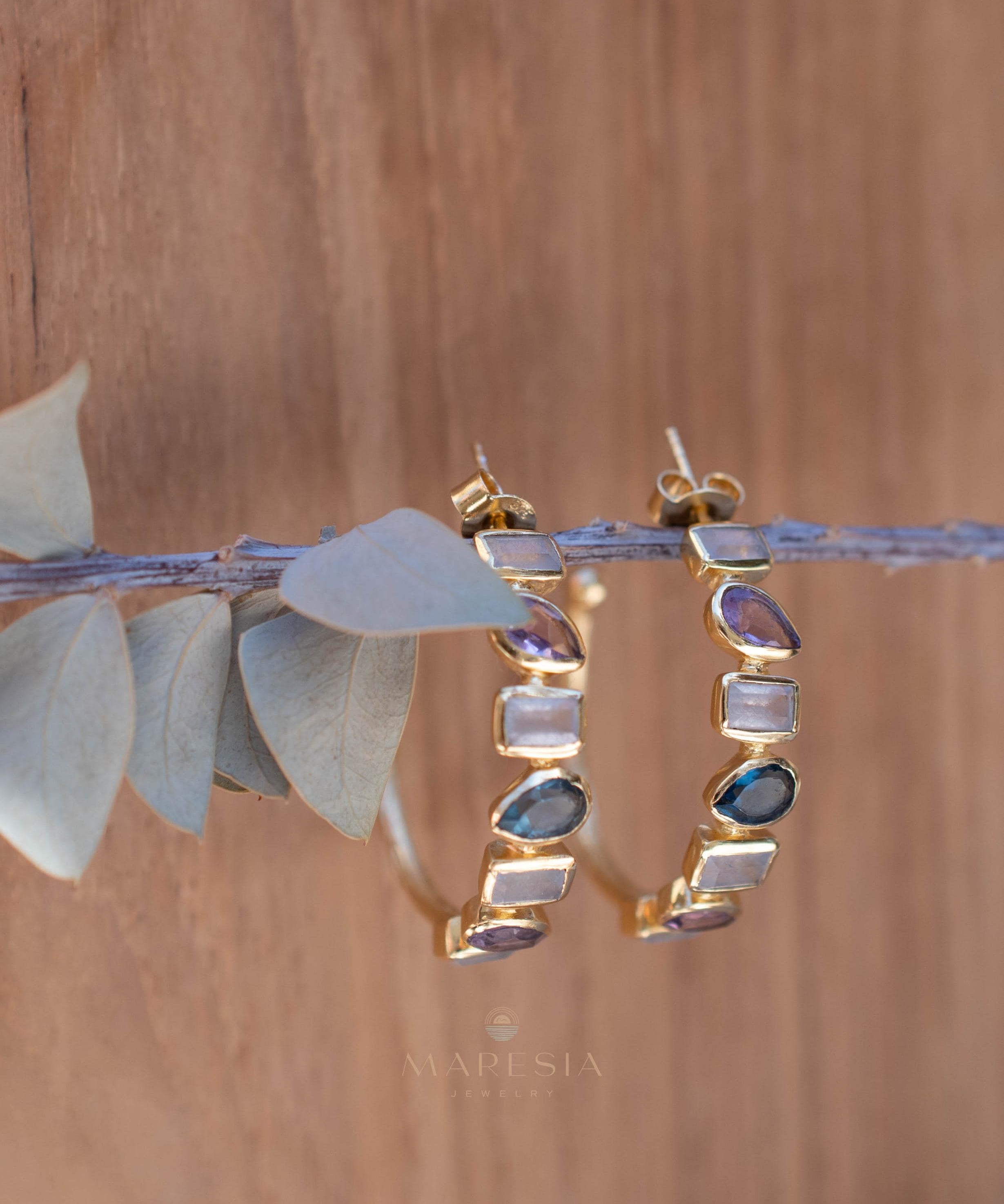 Moonstone, Amethyst and Iolite hydro~ Hoop Earrings 18k Gold Plated Earrings ~ Gemstone ~ Post ~Boho design ~ Handmade ~ Jewelry ME008