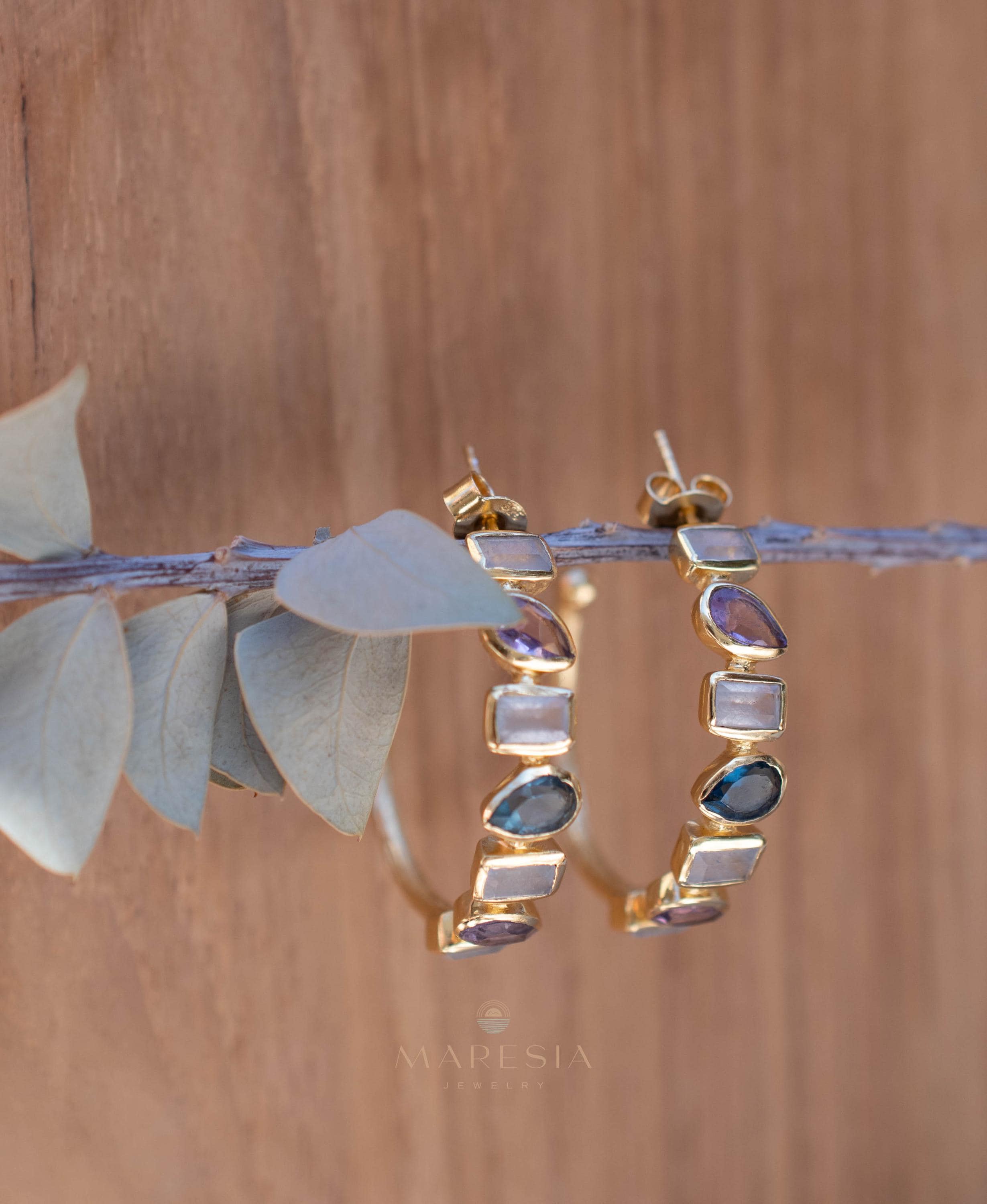 Moonstone, Amethyst and Iolite hydro~ Hoop Earrings 18k Gold Plated Earrings ~ Gemstone ~ Post ~Boho design ~ Handmade ~ Jewelry ME008