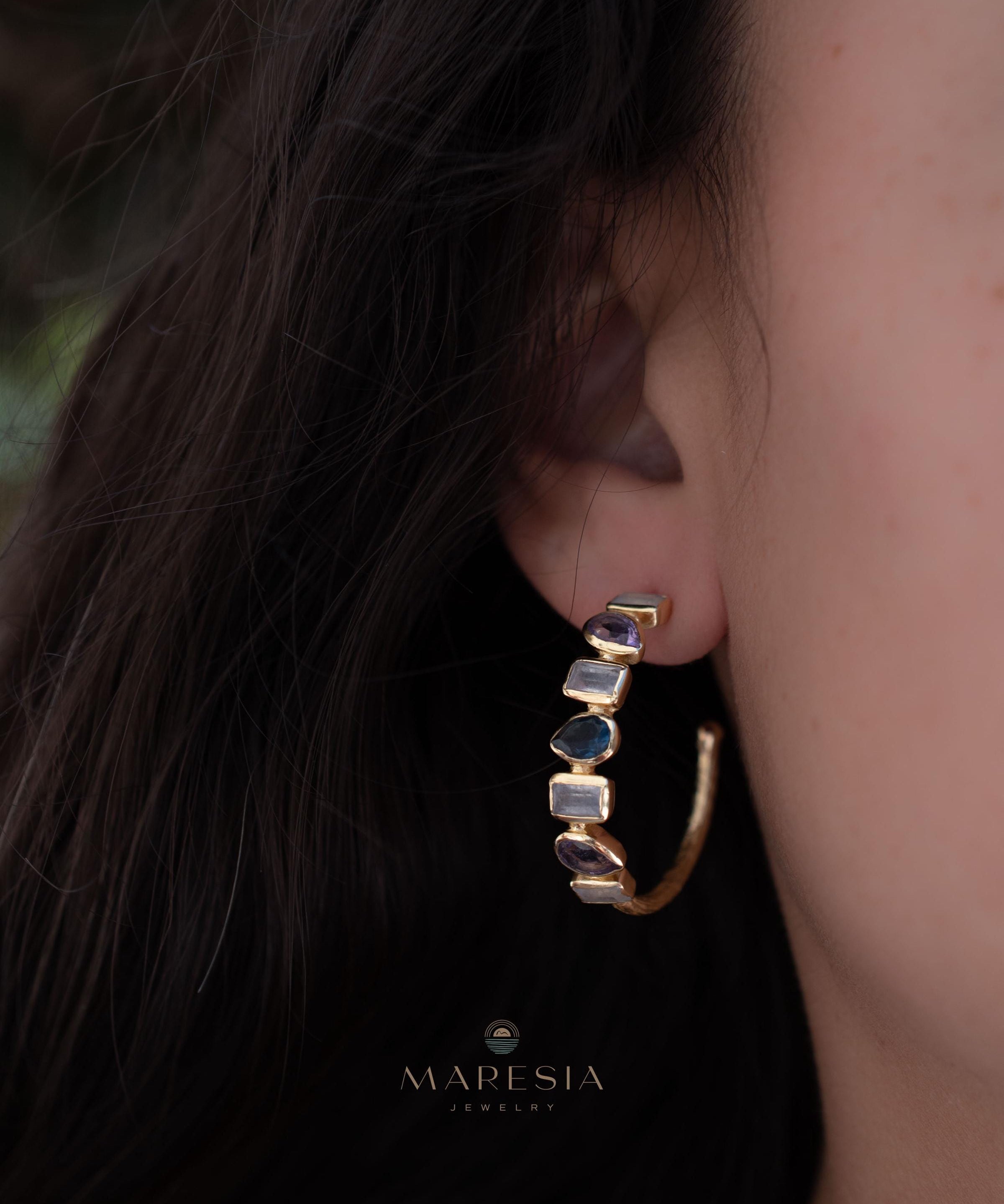 Moonstone, Amethyst and Iolite hydro~ Hoop Earrings 18k Gold Plated Earrings ~ Gemstone ~ Post ~Boho design ~ Handmade ~ Jewelry ME008