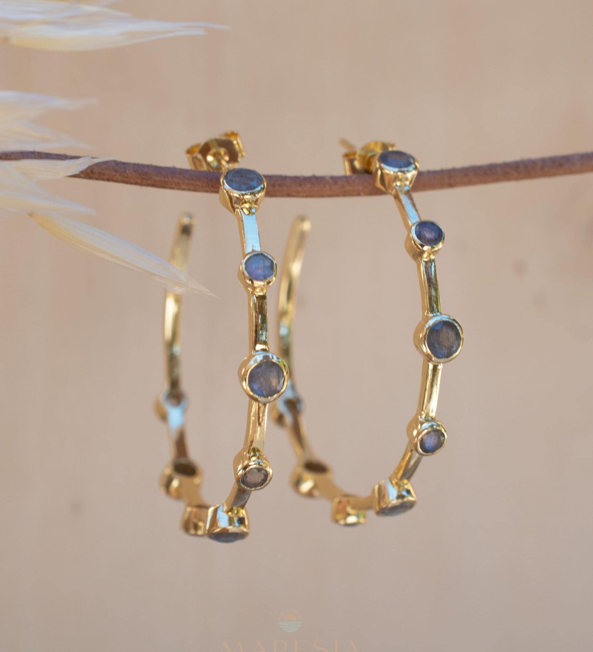 Labradorite Hoop Earrings 18k Gold Plated Earrings ~ Gemstone ~ Post ~Boho design ~ Handmade ~ Jewelry ~ Gift for her ~ ME218