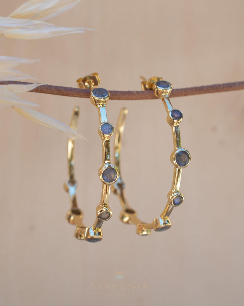 Labradorite Hoop Earrings 18k Gold Plated Earrings ~ Gemstone ~ Post ~Boho design ~ Handmade ~ Jewelry ~ Gift for her ~ ME218