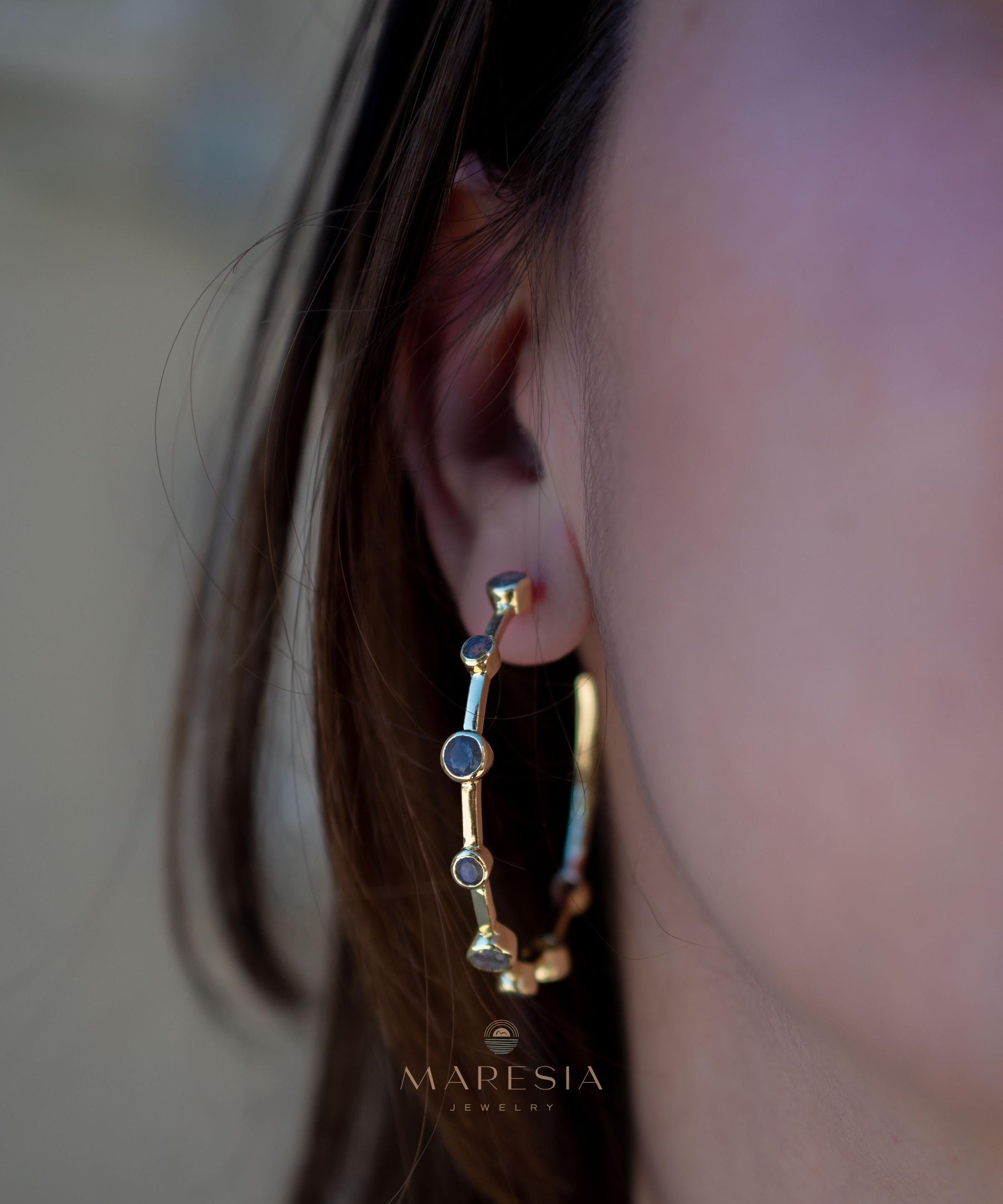 Labradorite Hoop Earrings 18k Gold Plated Earrings ~ Gemstone ~ Post ~Boho design ~ Handmade ~ Jewelry ~ Gift for her ~ ME218
