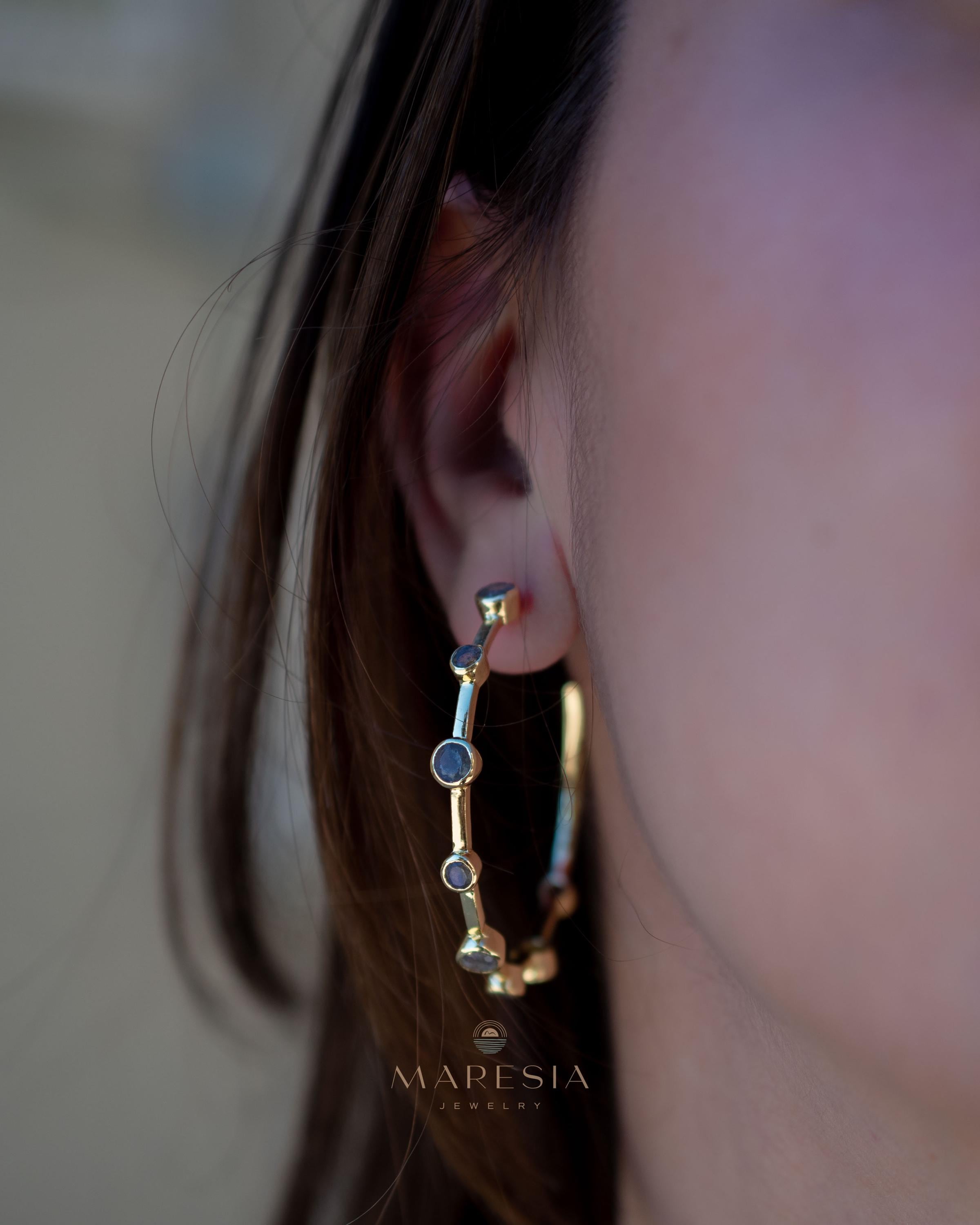 Labradorite Hoop Earrings 18k Gold Plated Earrings ~ Gemstone ~ Post ~Boho design ~ Handmade ~ Jewelry ~ Gift for her ~ ME218