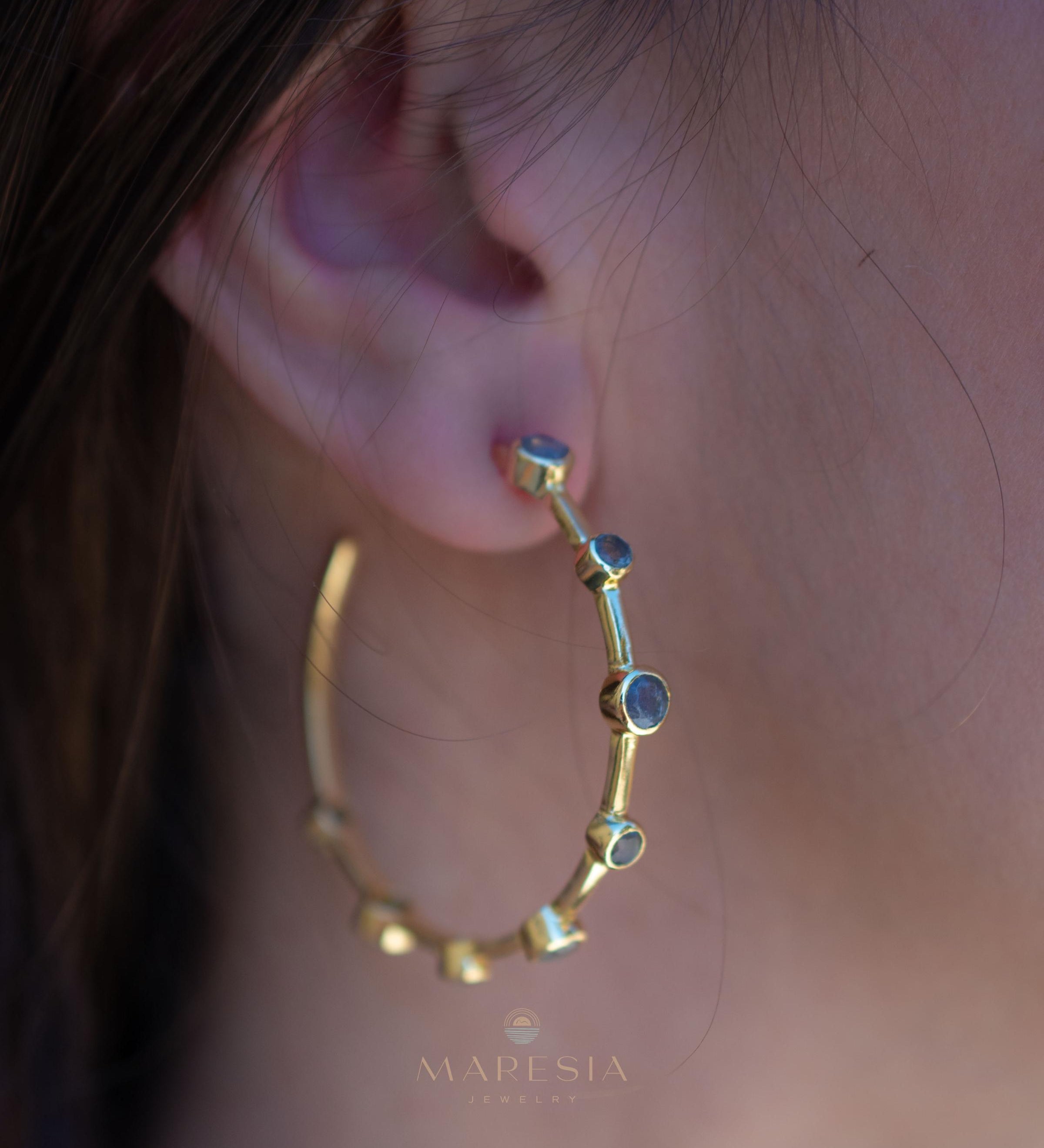 Labradorite Hoop Earrings 18k Gold Plated Earrings ~ Gemstone ~ Post ~Boho design ~ Handmade ~ Jewelry ~ Gift for her ~ ME218