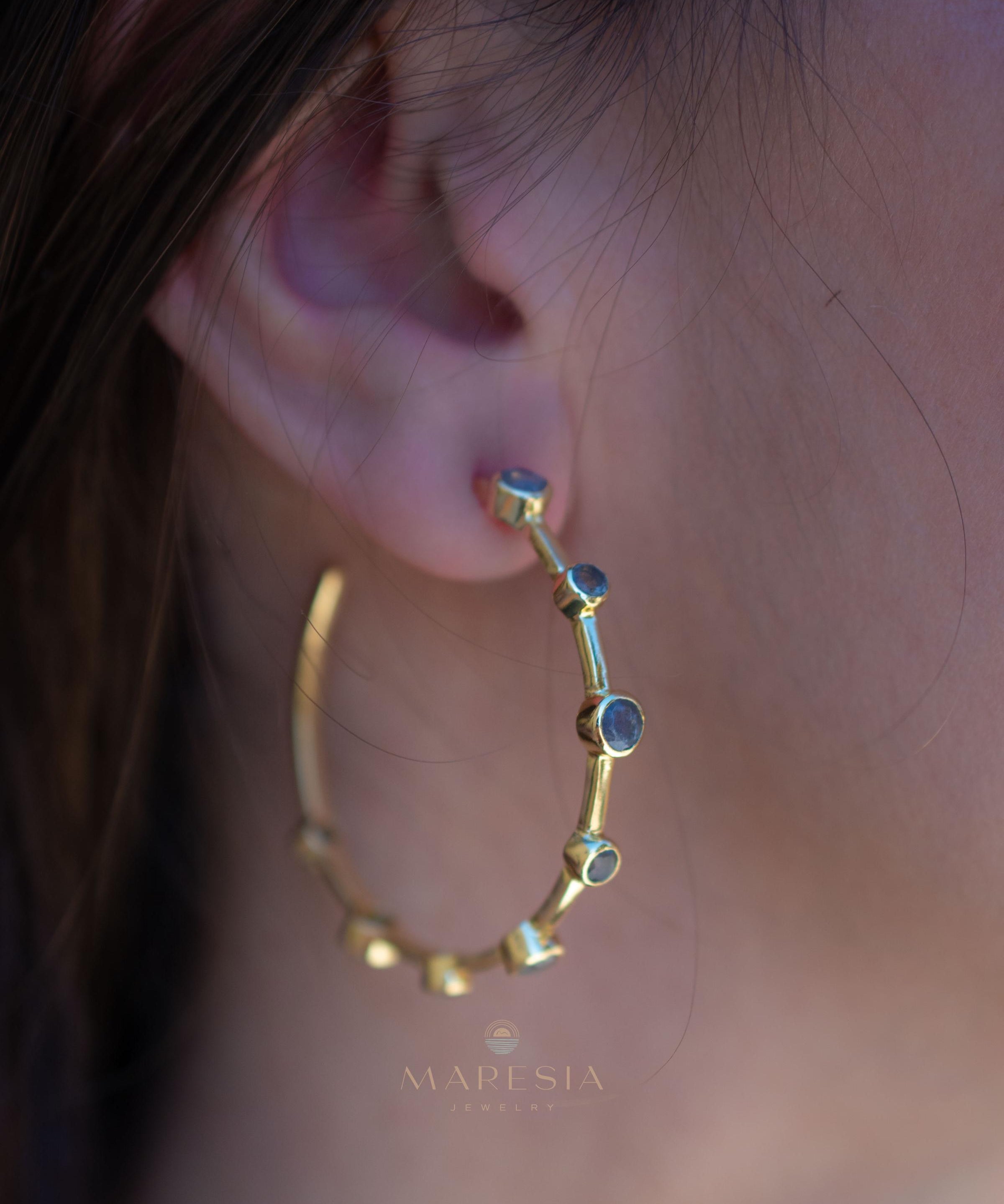 Labradorite Hoop Earrings 18k Gold Plated Earrings ~ Gemstone ~ Post ~Boho design ~ Handmade ~ Jewelry ~ Gift for her ~ ME218