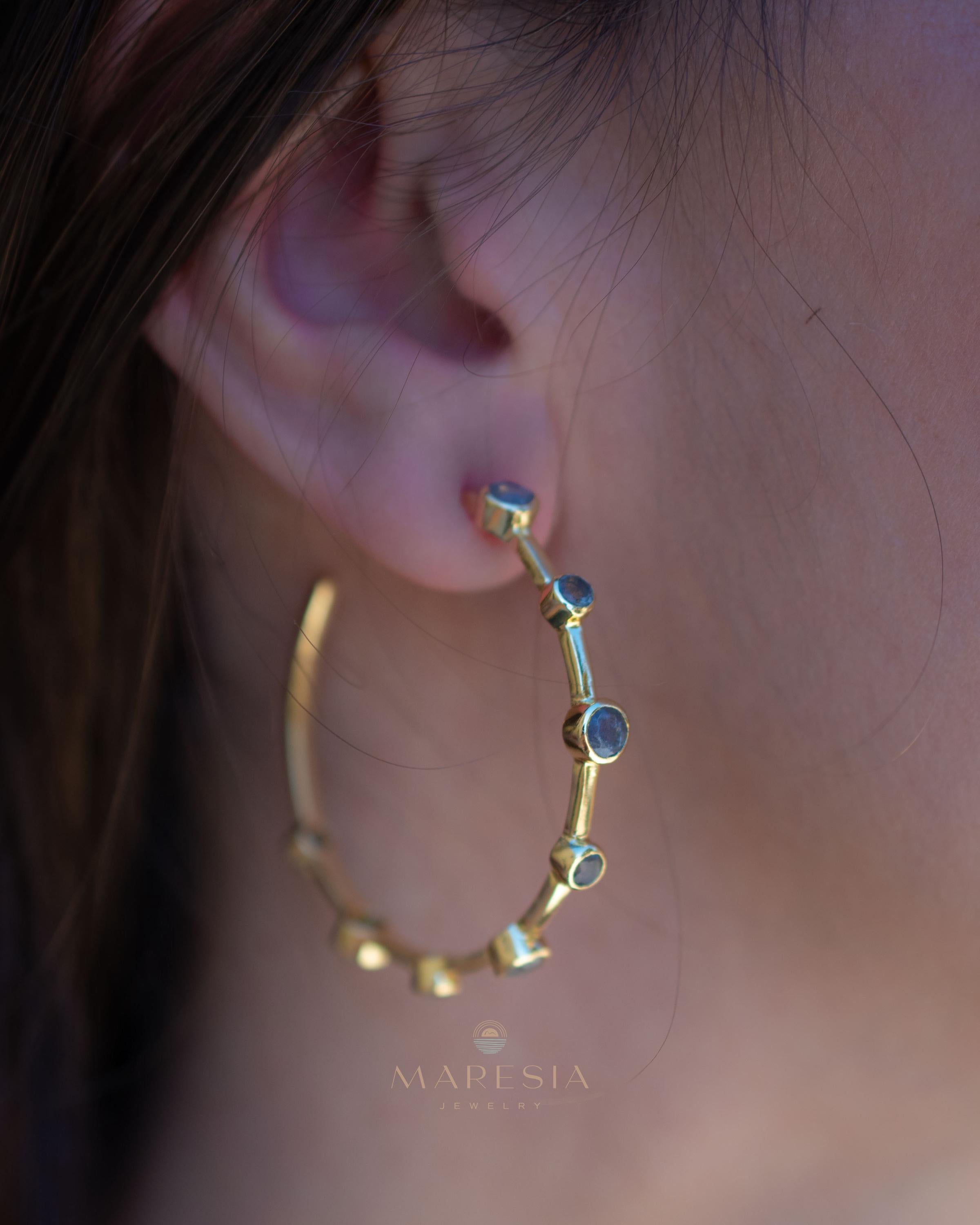 Labradorite Hoop Earrings 18k Gold Plated Earrings ~ Gemstone ~ Post ~Boho design ~ Handmade ~ Jewelry ~ Gift for her ~ ME218