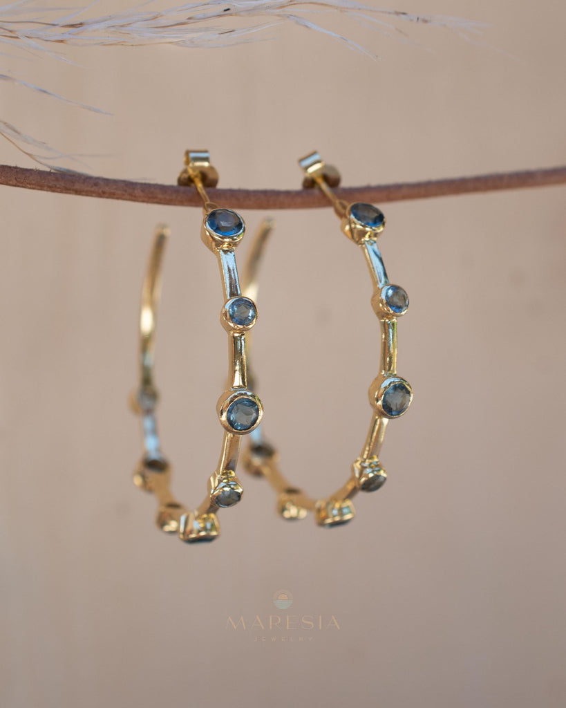 NEW Gold Hammered Hoop popular Iolite GEM Drop Stone Earrings