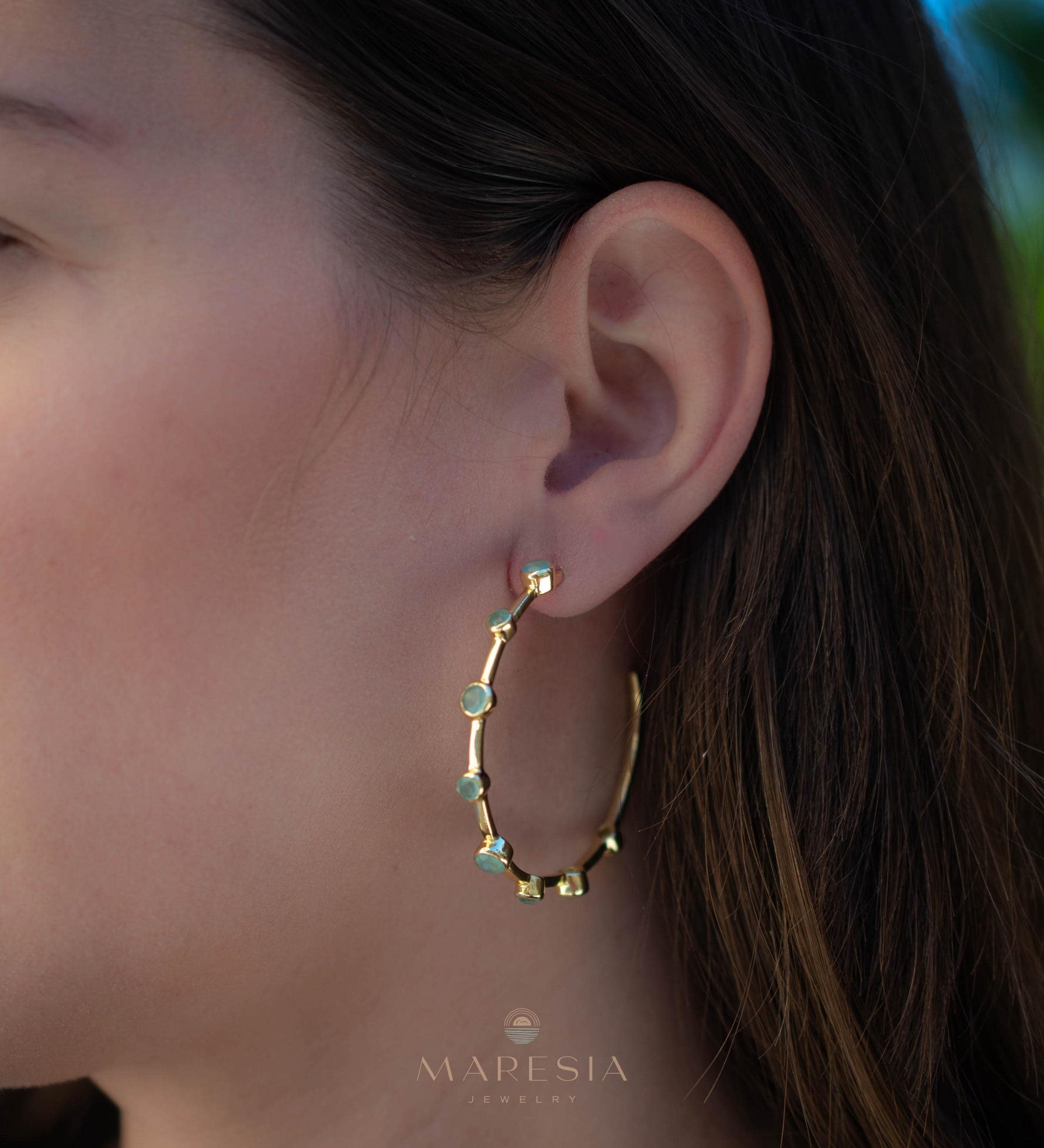 Aqua Chalcedony Hoop Earrings 18k Gold Plated Earrings ~ Gemstone ~ Post ~Boho design ~ Handmade ~ Jewelry ~ Gift for her ~ ME217