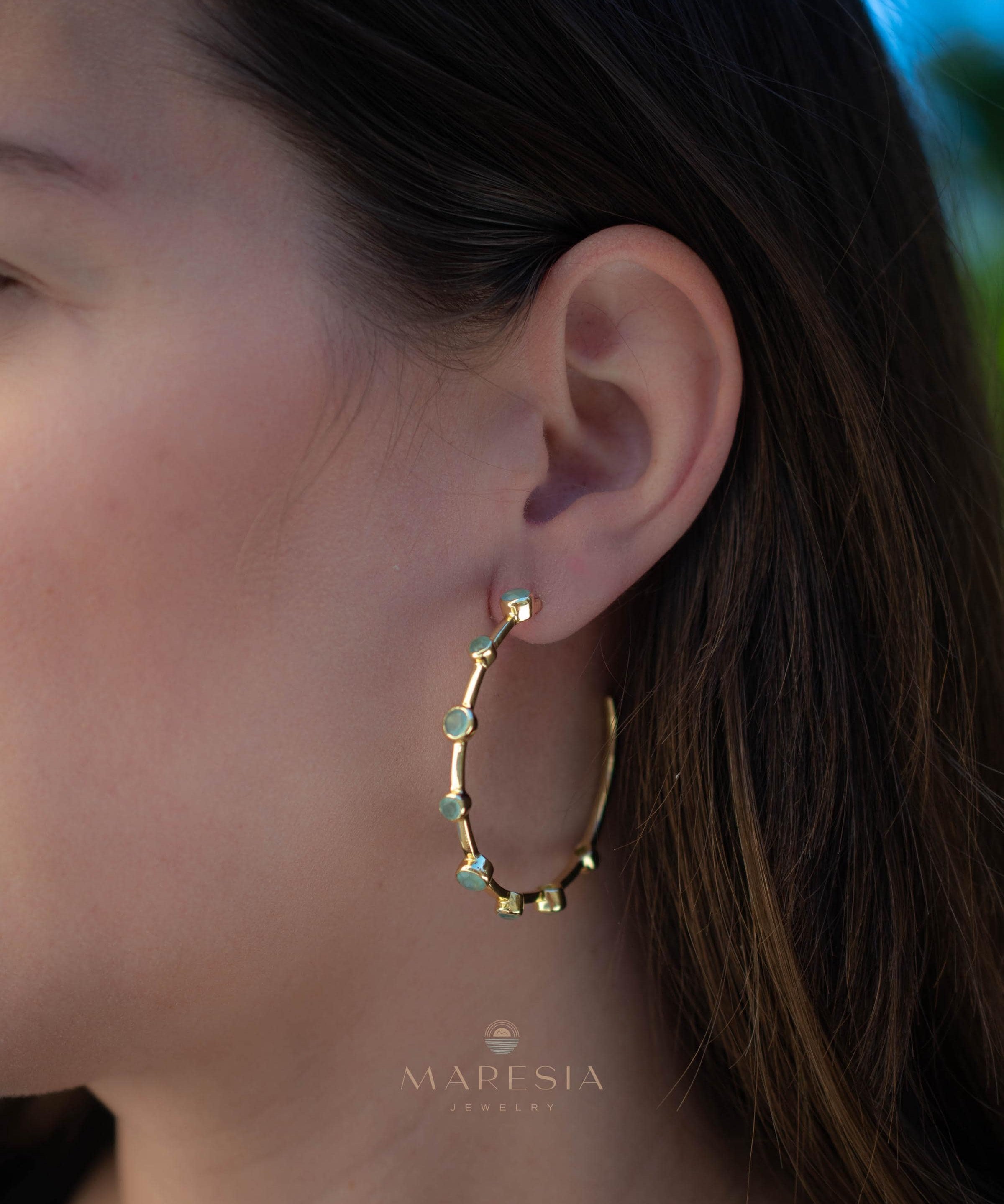 Aqua Chalcedony Hoop Earrings 18k Gold Plated Earrings ~ Gemstone ~ Post ~Boho design ~ Handmade ~ Jewelry ~ Gift for her ~ ME217