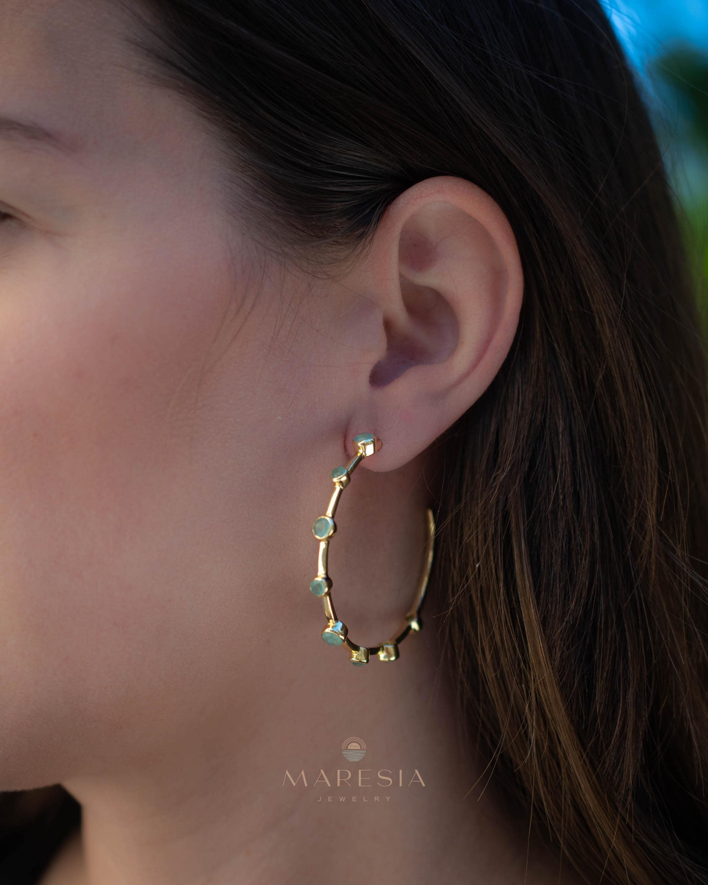 Aqua Chalcedony Hoop Earrings 18k Gold Plated Earrings ~ Gemstone ~ Post ~Boho design ~ Handmade ~ Jewelry ~ Gift for her ~ ME217