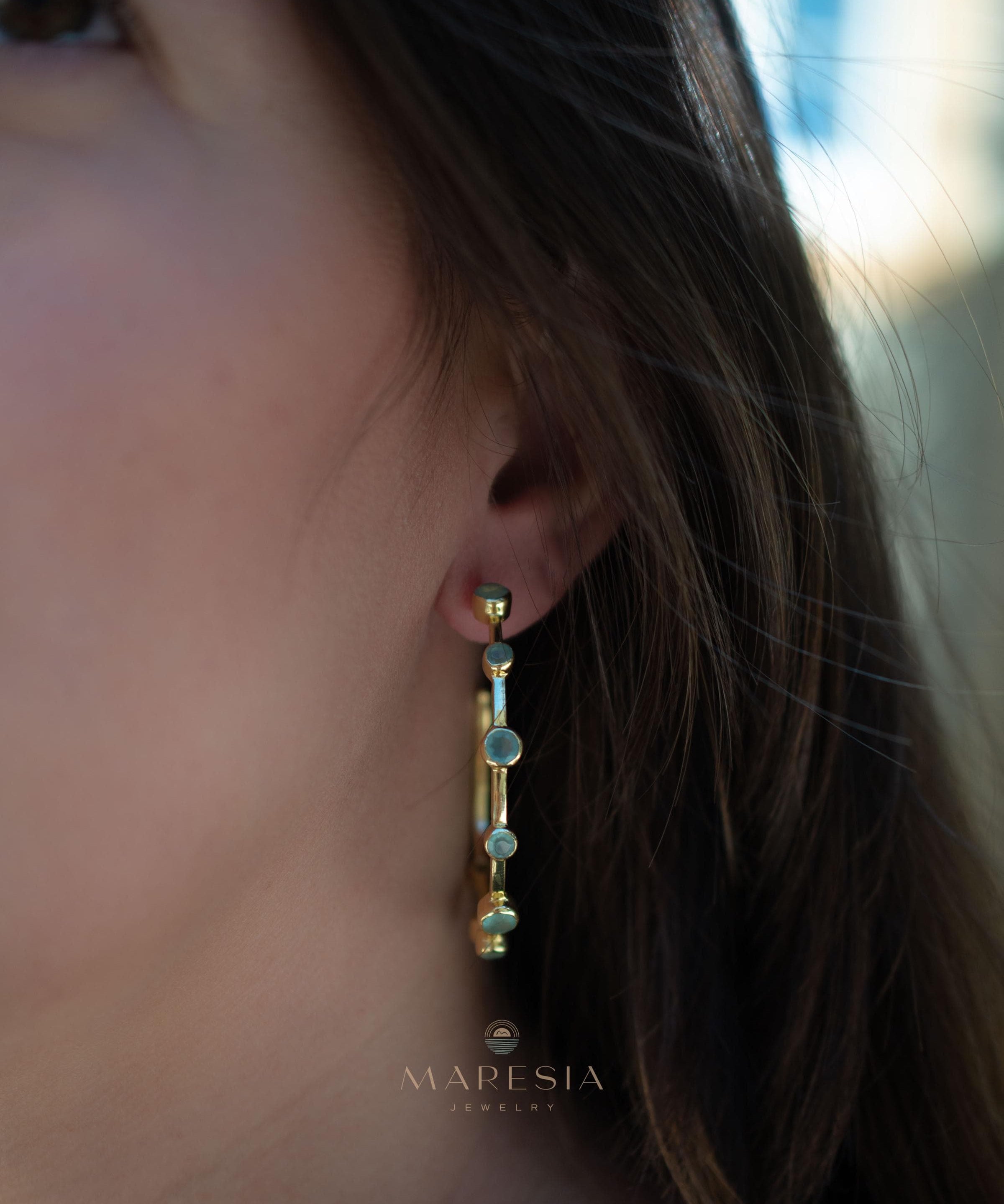 Aqua Chalcedony Hoop Earrings 18k Gold Plated Earrings ~ Gemstone ~ Post ~Boho design ~ Handmade ~ Jewelry ~ Gift for her ~ ME217
