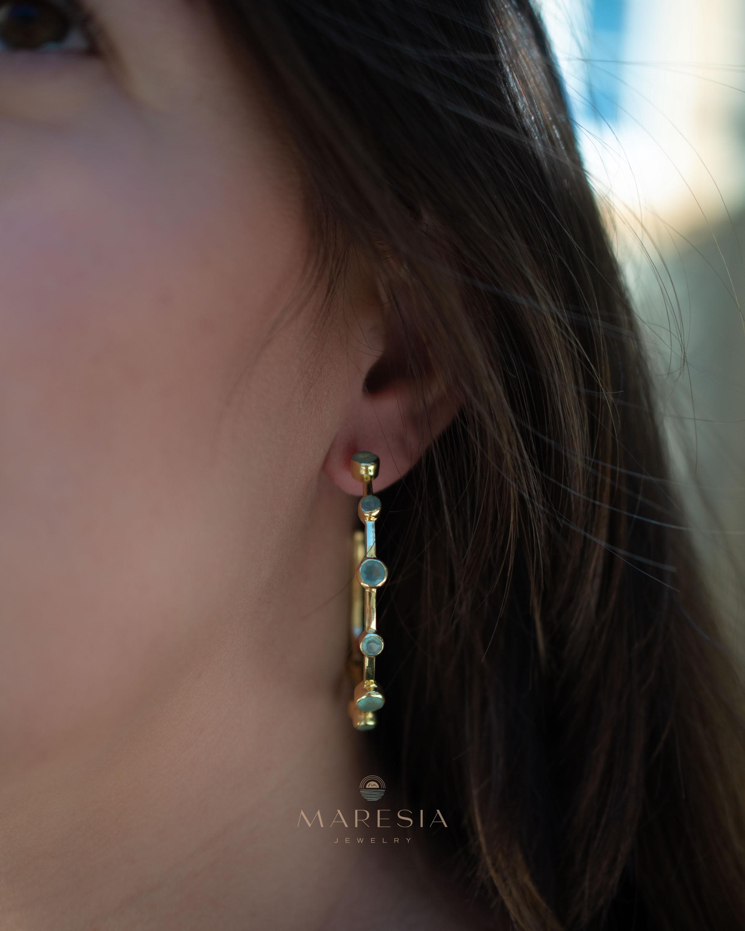 Aqua Chalcedony Hoop Earrings 18k Gold Plated Earrings ~ Gemstone ~ Post ~Boho design ~ Handmade ~ Jewelry ~ Gift for her ~ ME217
