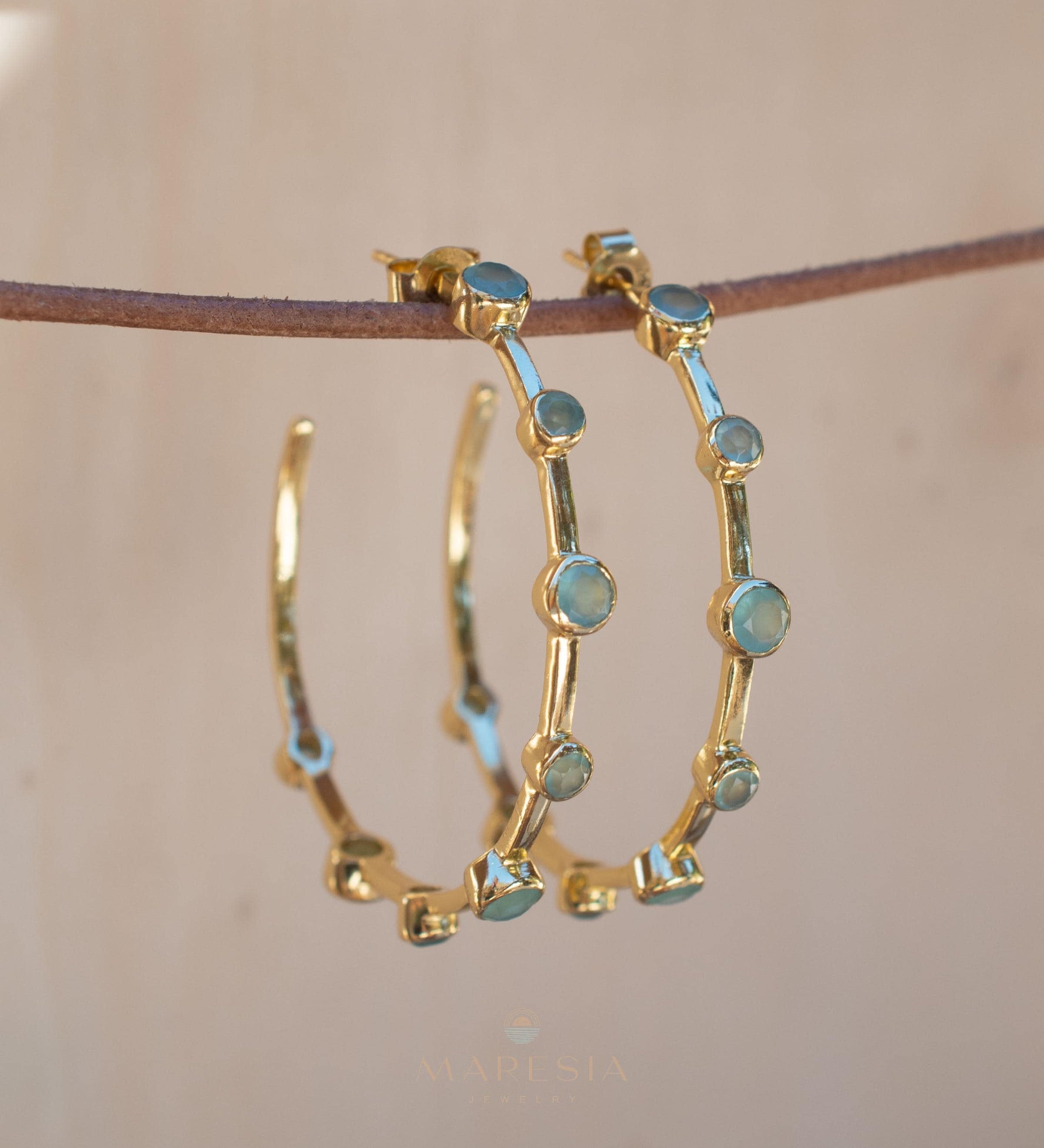 Aqua Chalcedony Hoop Earrings 18k Gold Plated Earrings ~ Gemstone ~ Post ~Boho design ~ Handmade ~ Jewelry ~ Gift for her ~ ME217