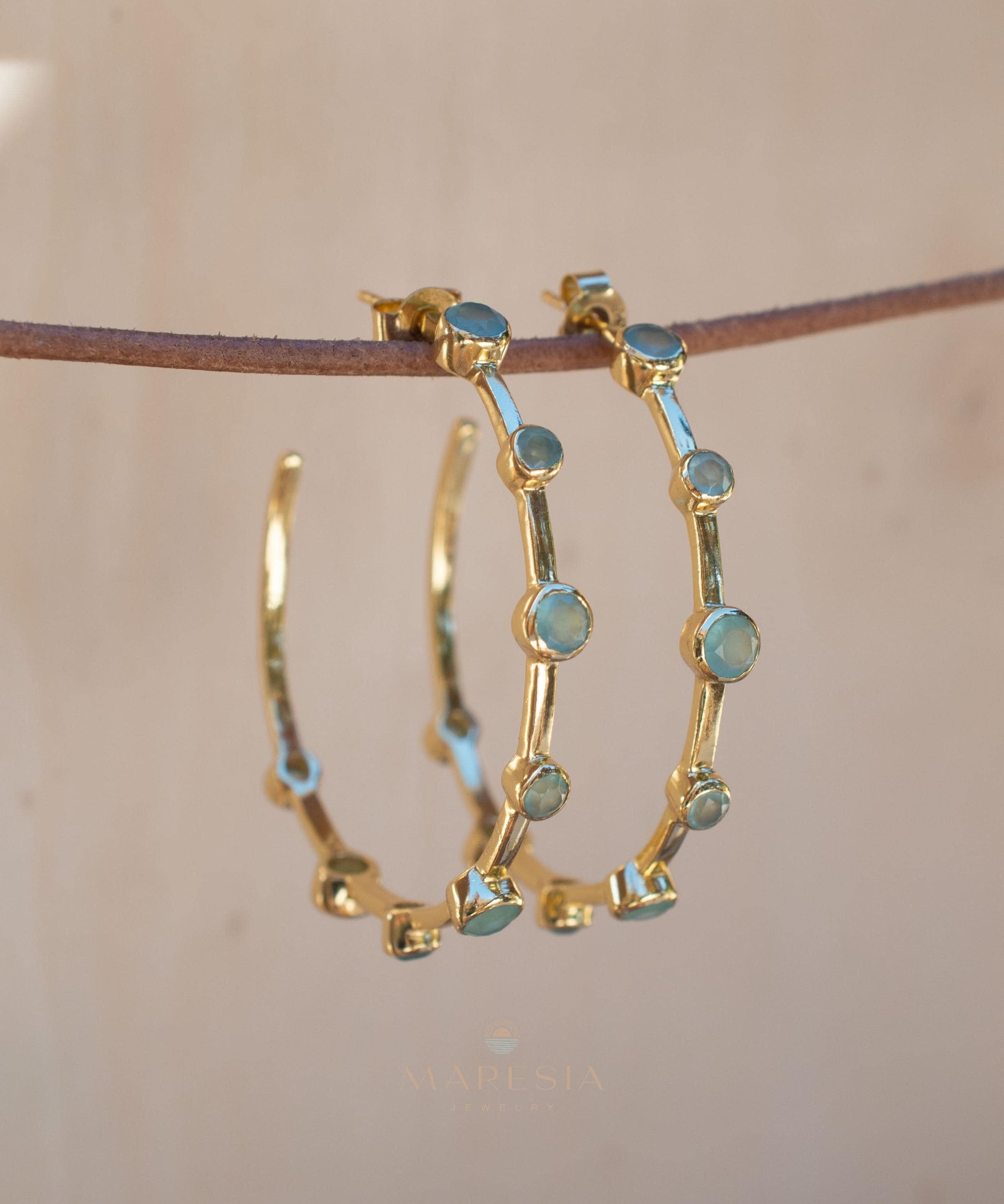 Aqua Chalcedony Hoop Earrings 18k Gold Plated Earrings ~ Gemstone ~ Post ~Boho design ~ Handmade ~ Jewelry ~ Gift for her ~ ME217