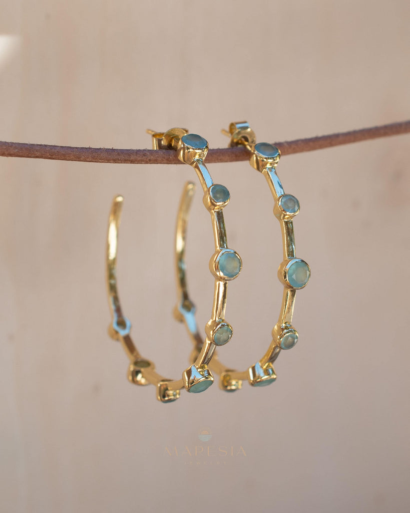 Aqua Chalcedony Hoop Earrings 18k Gold Plated Earrings ~ Gemstone ~ Post ~Boho design ~ Handmade ~ Jewelry ~ Gift for her ~ ME217