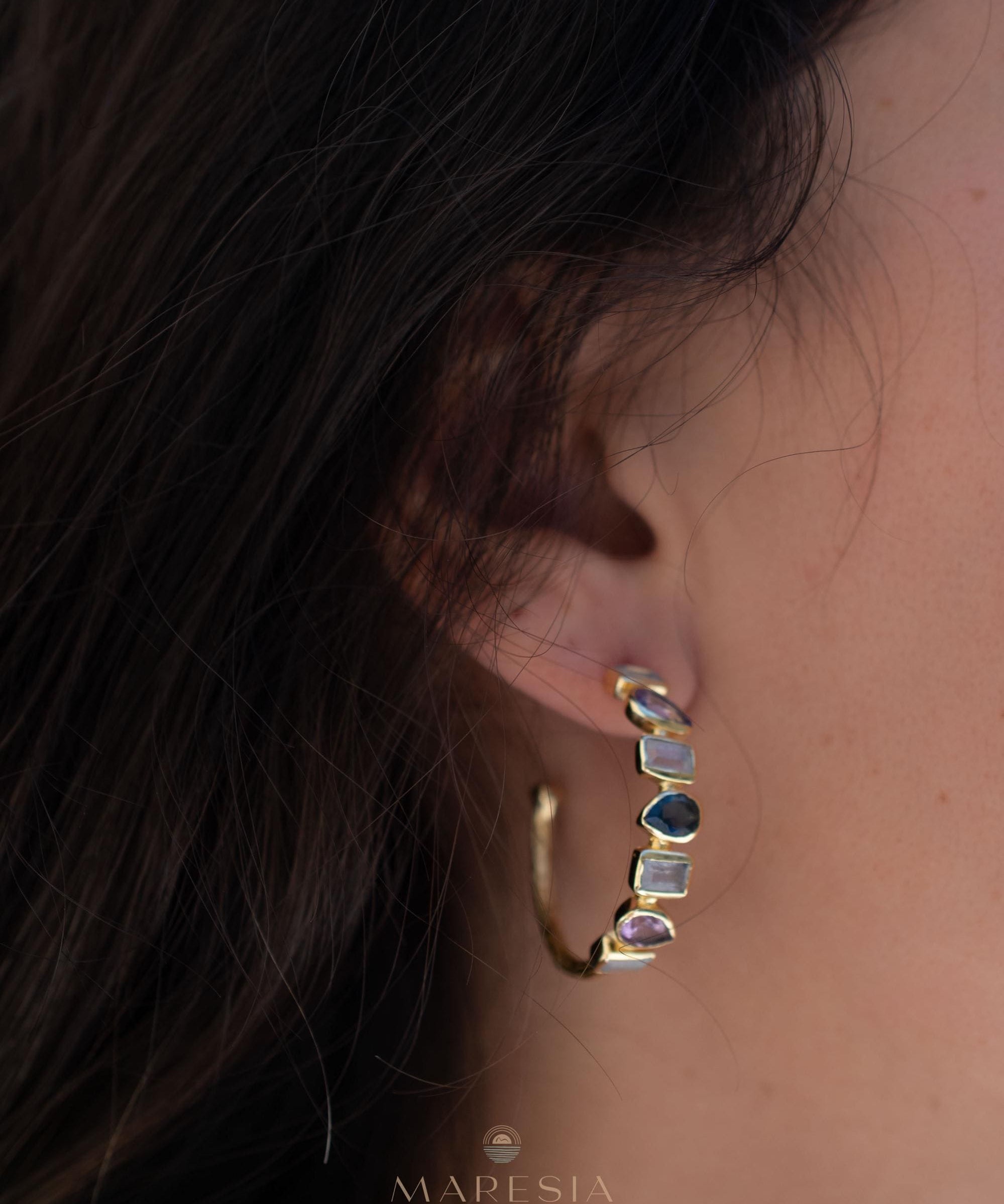 Moonstone, Amethyst and Iolite hydro~ Hoop Earrings 18k Gold Plated Earrings ~ Gemstone ~ Post ~Boho design ~ Handmade ~ Jewelry ME008