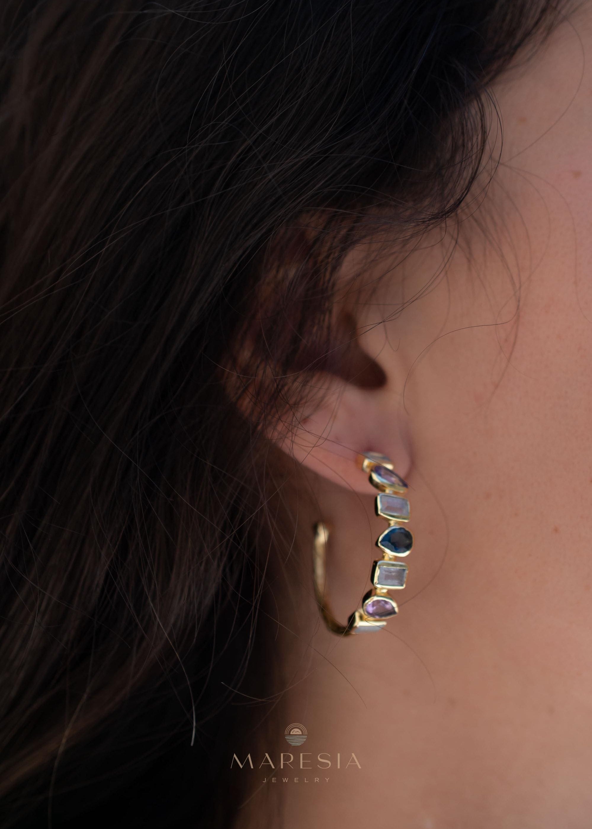 Moonstone, Amethyst and Iolite hydro~ Hoop Earrings 18k Gold Plated Earrings ~ Gemstone ~ Post ~Boho design ~ Handmade ~ Jewelry ME008