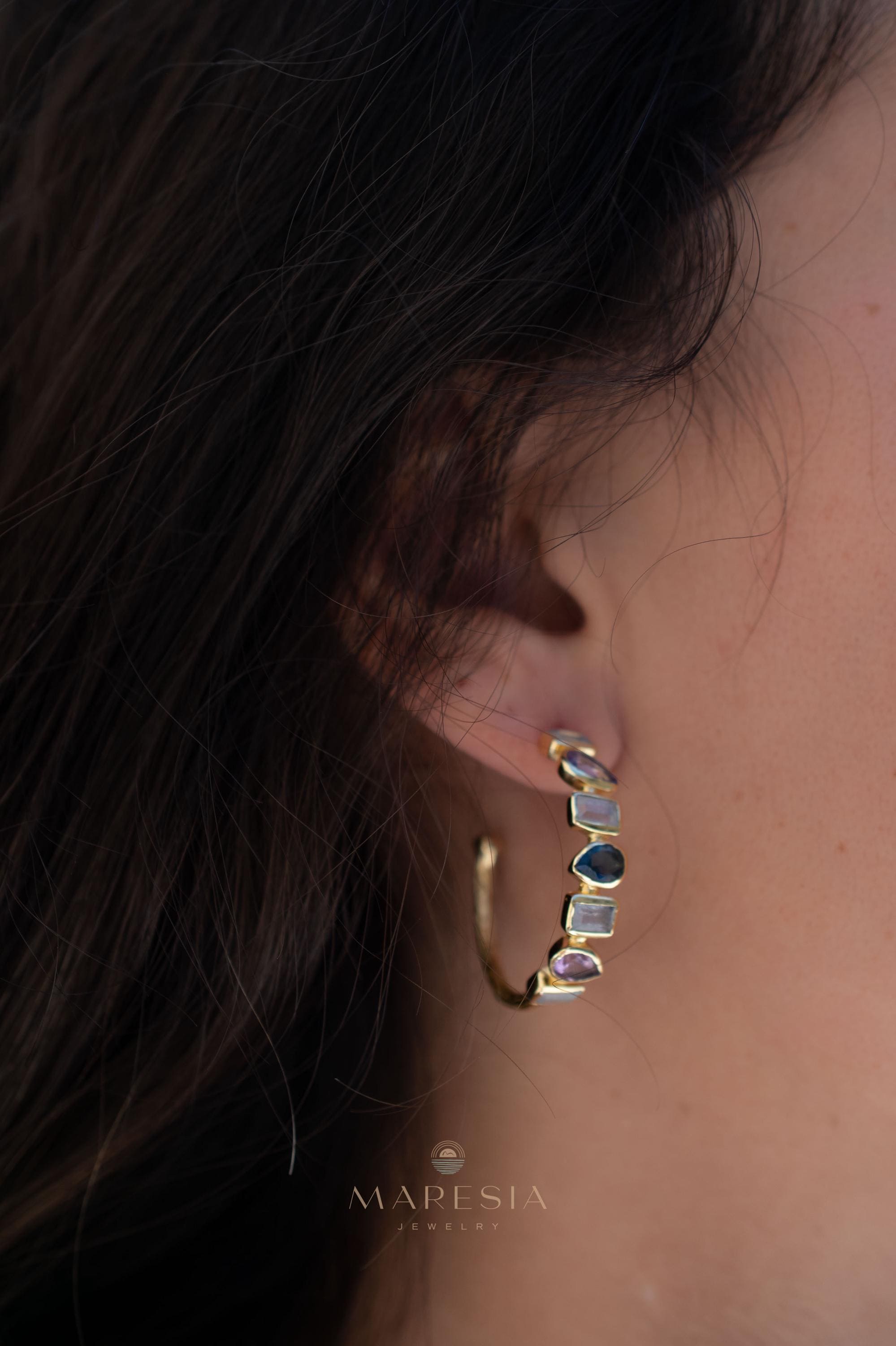 Moonstone, Amethyst and Iolite hydro~ Hoop Earrings 18k Gold Plated Earrings ~ Gemstone ~ Post ~Boho design ~ Handmade ~ Jewelry ME008