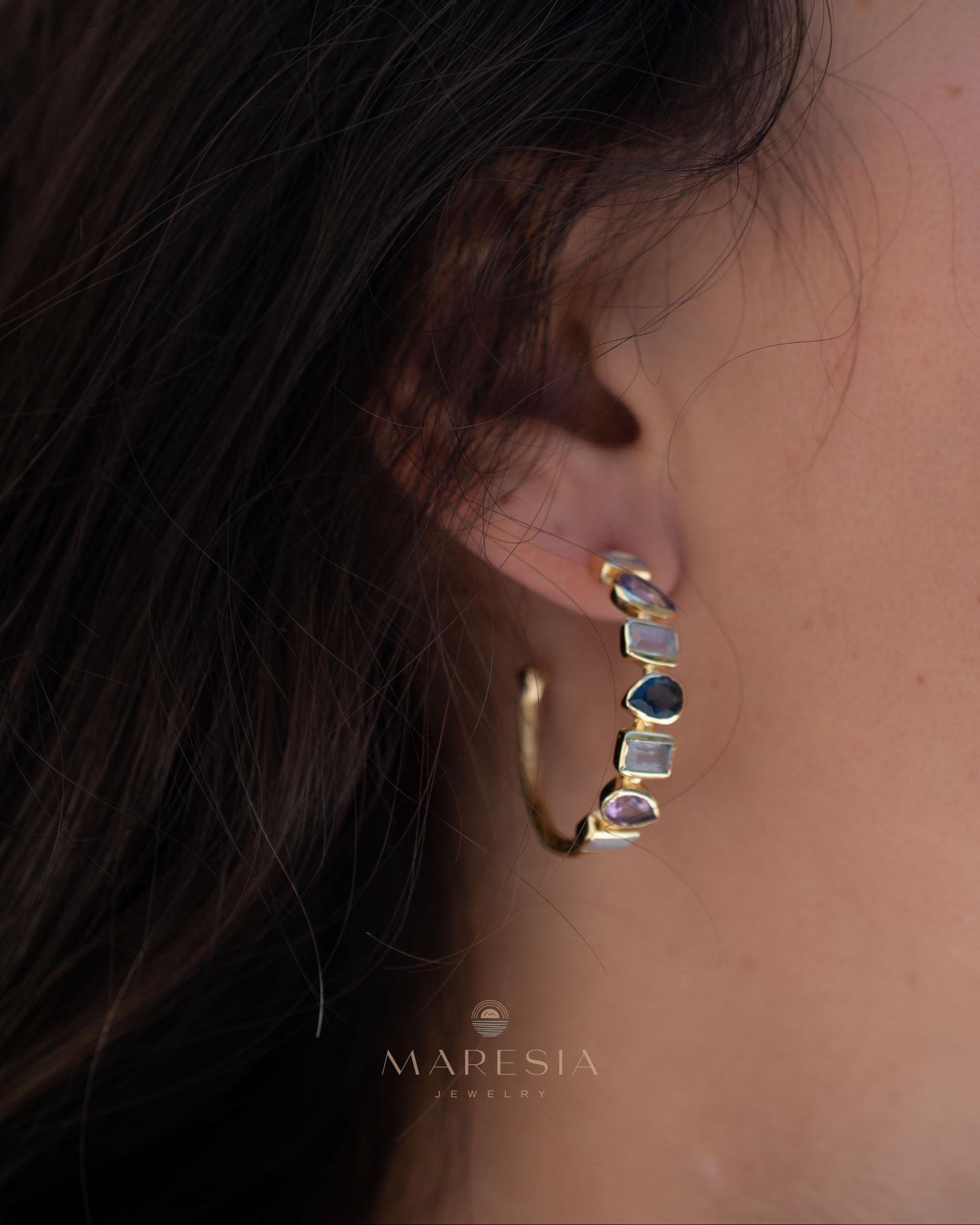 Moonstone, Amethyst hydro and Iolite hydro~ Hoop Earrings 18k Gold Plated Earrings ~Post ~Boho~Handmade~Delicate~ Everyday Jewelry ME153