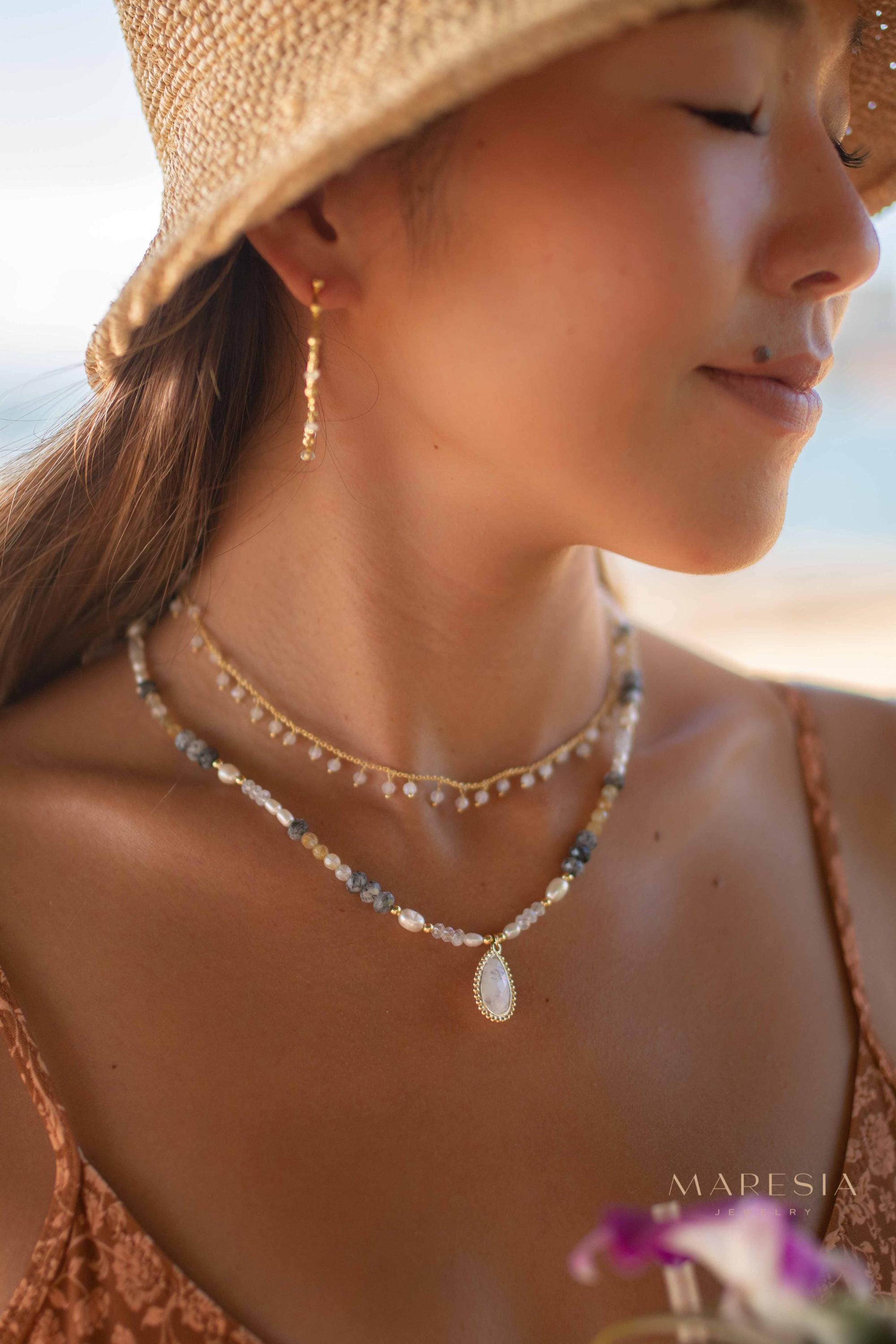 Mixed Gemstones bead necklace with moonstone pendant ~ Gold Plated or Sterling Silver ~ Pearl ~ Rutilated quartz ~ minimalist MN162
