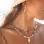 Mixed Gemstones bead necklace with moonstone pendant ~ Gold Plated or Sterling Silver ~ Pearl ~ Rutilated quartz ~ minimalist MN162