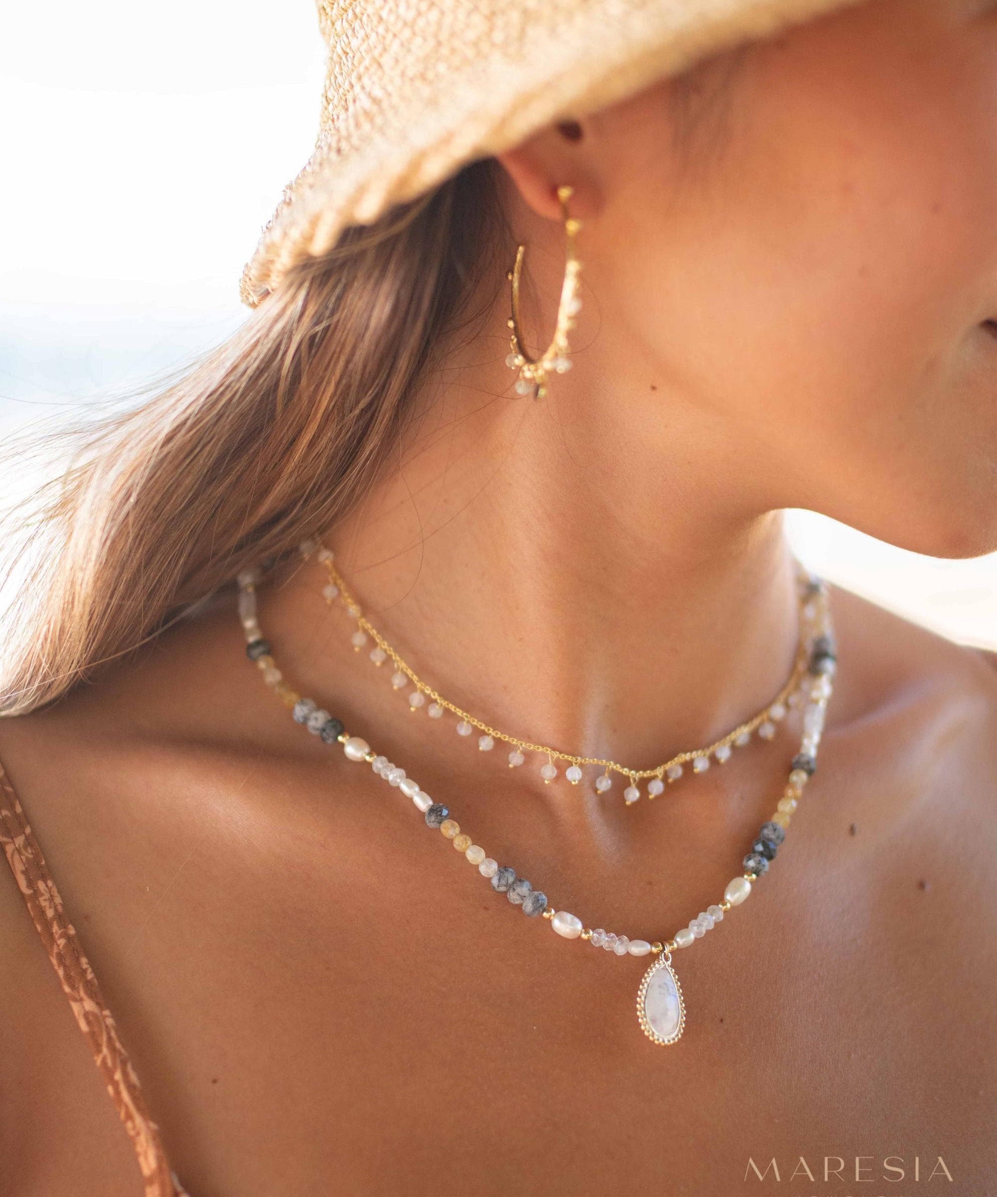 Mixed Gemstones bead necklace with moonstone pendant ~ Gold Plated or Sterling Silver ~ Pearl ~ Rutilated quartz ~ minimalist MN162