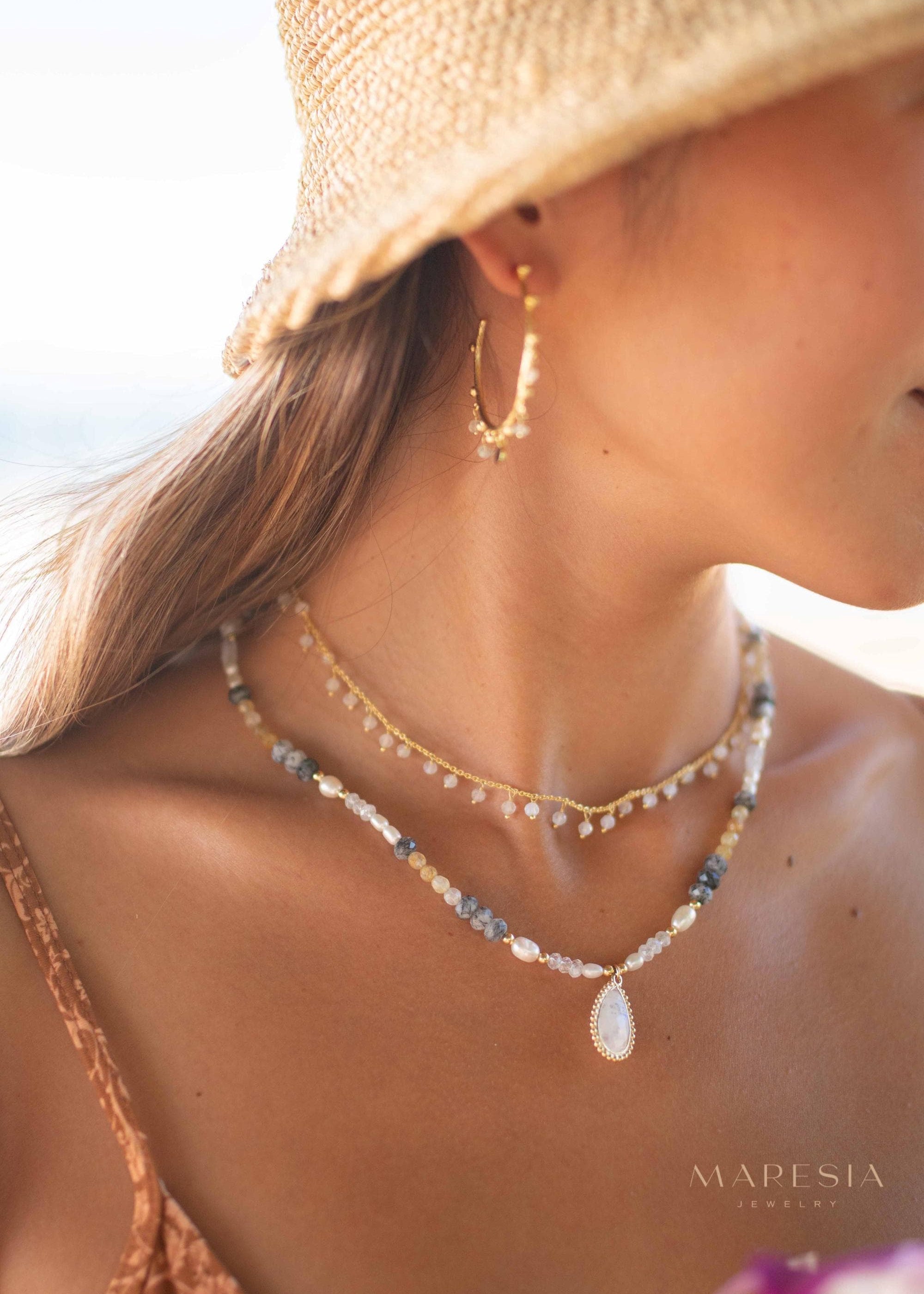 Mixed Gemstones bead necklace with moonstone pendant ~ Gold Plated or Sterling Silver ~ Pearl ~ Rutilated quartz ~ minimalist MN162