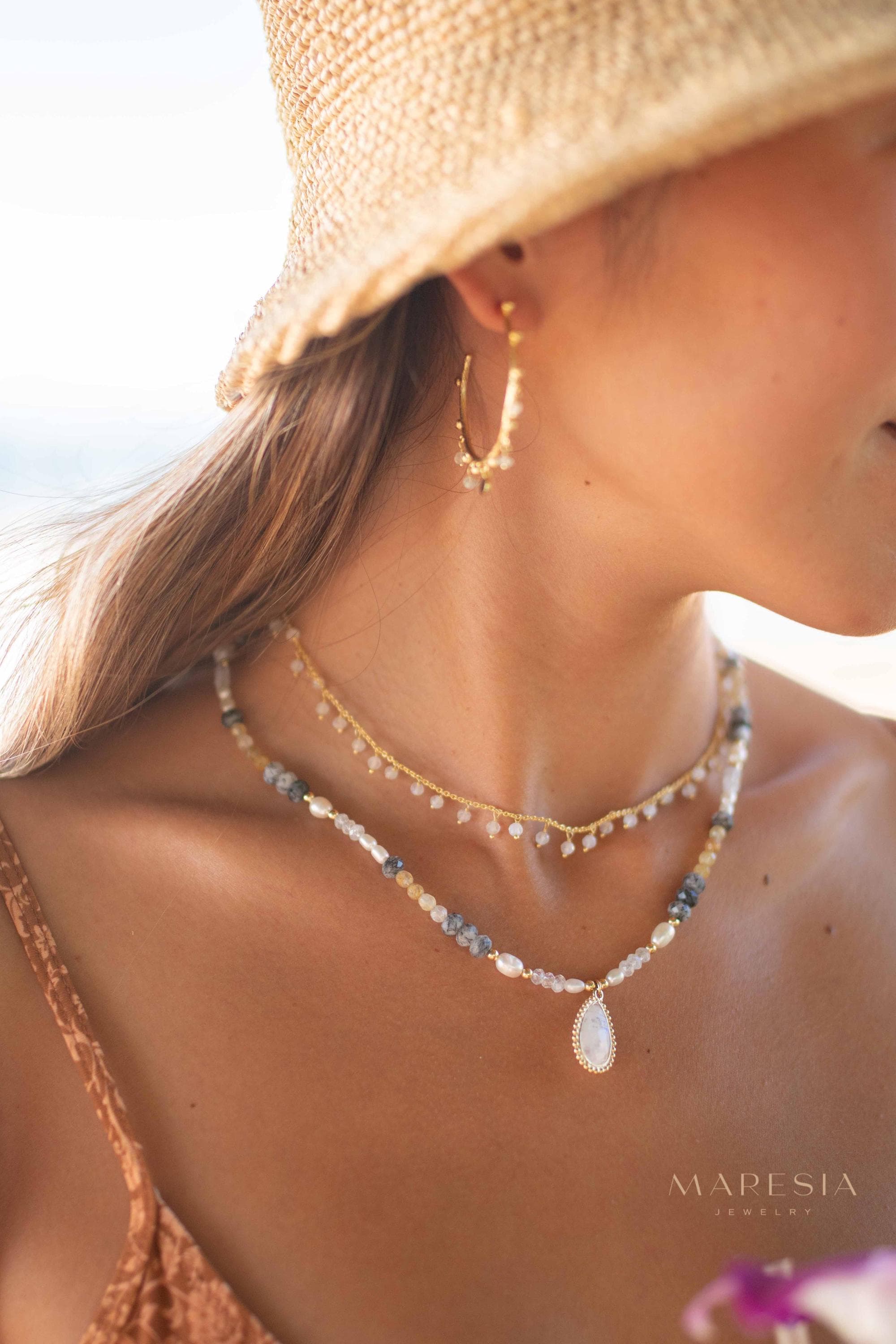 Mixed Gemstones bead necklace with moonstone pendant ~ Gold Plated or Sterling Silver ~ Pearl ~ Rutilated quartz ~ minimalist MN162