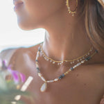 Mixed Gemstones bead necklace with moonstone pendant ~ Gold Plated or Sterling Silver ~ Pearl ~ Rutilated quartz ~ minimalist MN162