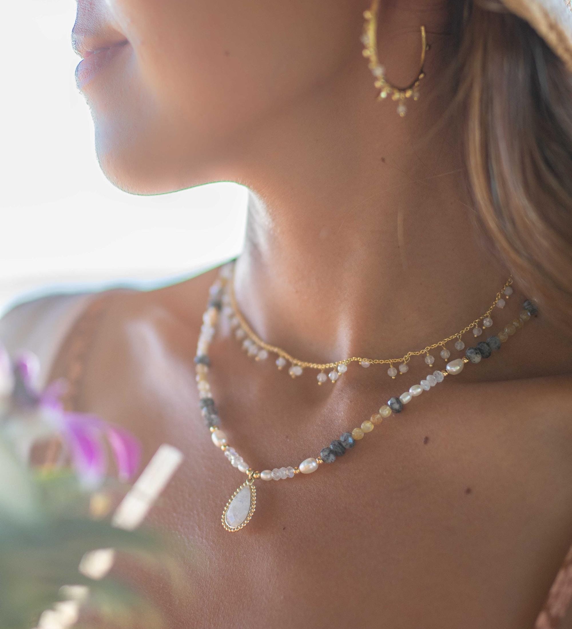 Mixed Gemstones bead necklace with moonstone pendant ~ Gold Plated or Sterling Silver ~ Pearl ~ Rutilated quartz ~ minimalist MN162