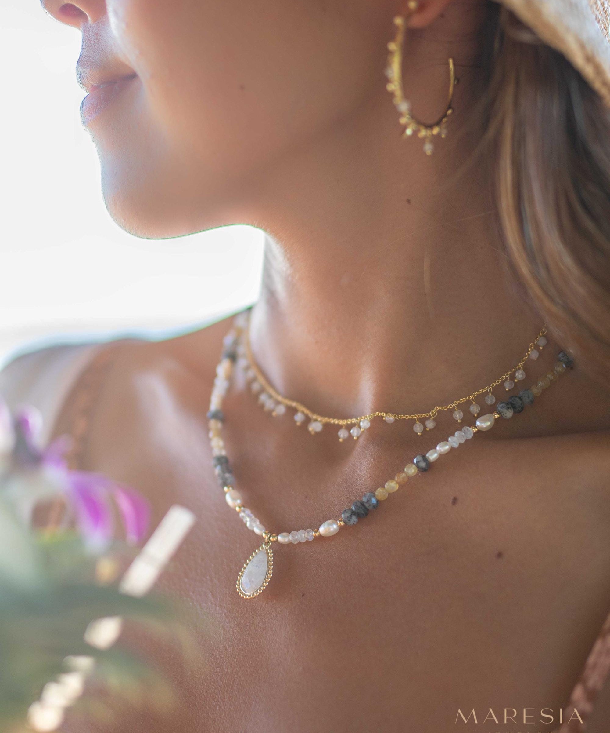 Mixed Gemstones bead necklace with moonstone pendant ~ Gold Plated or Sterling Silver ~ Pearl ~ Rutilated quartz ~ minimalist MN162